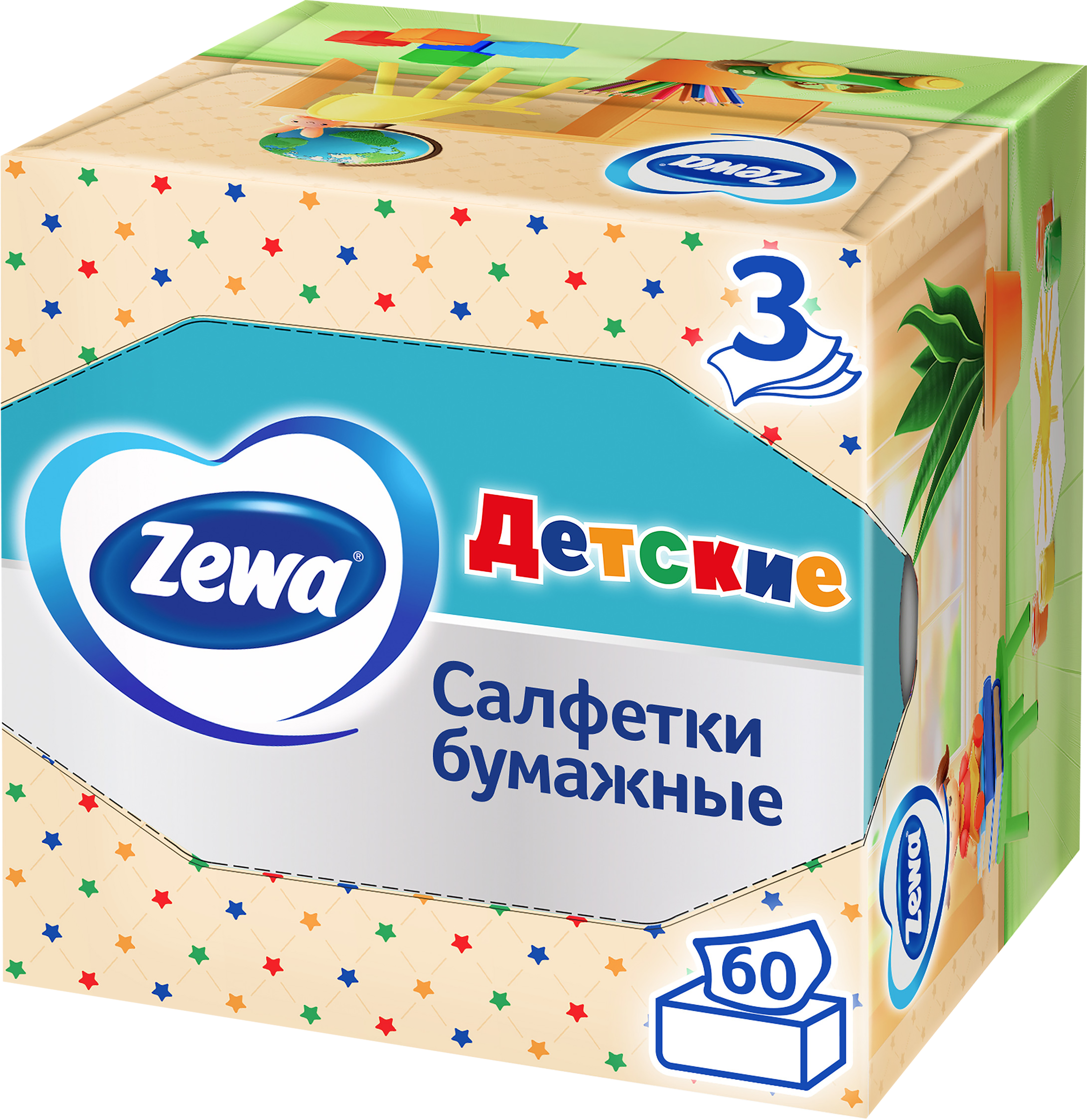 Изображение товара Бумажные детские салфетки ZEWA Kids 3-слоя, 60 штук в коробке Изображение товара Бумажные детские салфетки ZEWA Kids 3-слоя, 60 штук в коробке