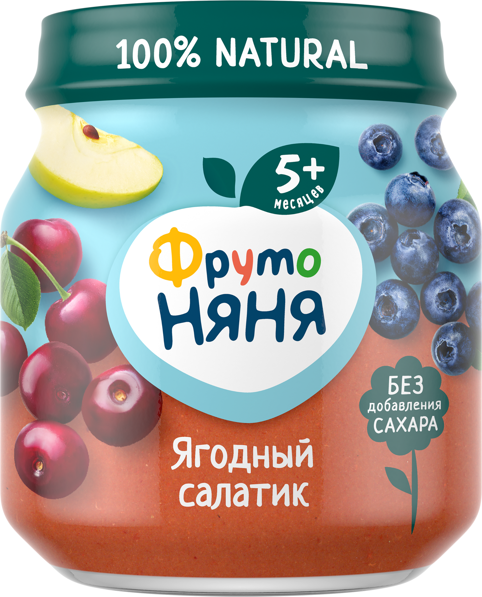 Изображение товара Детское фруктовое пюре ФРУТОНЯНЯ Ягодный салатик с яблоком, черникой и вишней