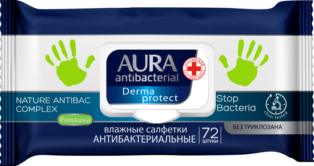 Изображение товара Влажные антисептические салфетки AURA Antibacterial Derma Protect 72 шт