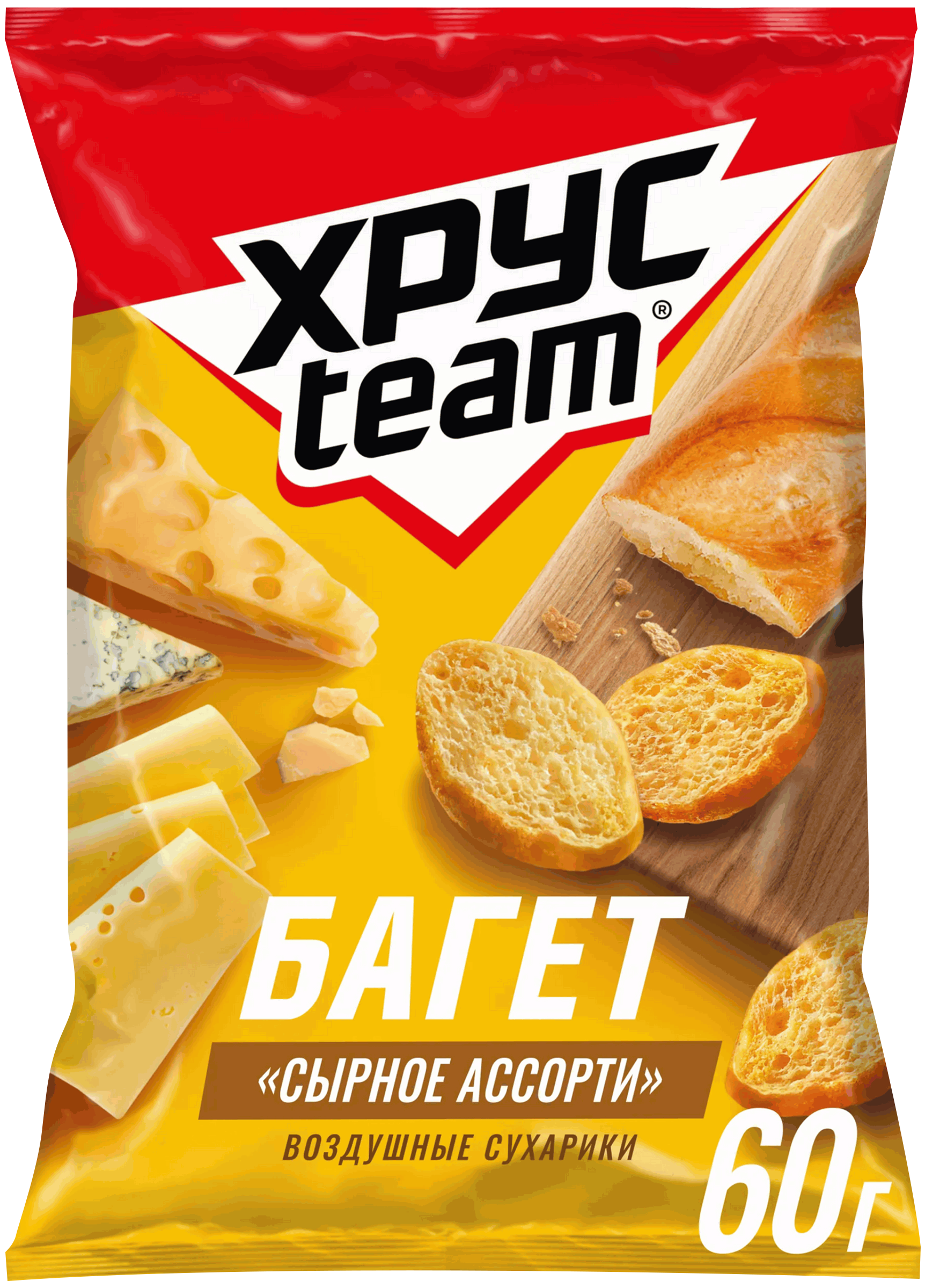 Изображение товара Сухарики ХРУСTEAM багет Сырное ассорти, 60г Изображение товара Сухарики ХРУСTEAM багет Сырное ассорти, 60г