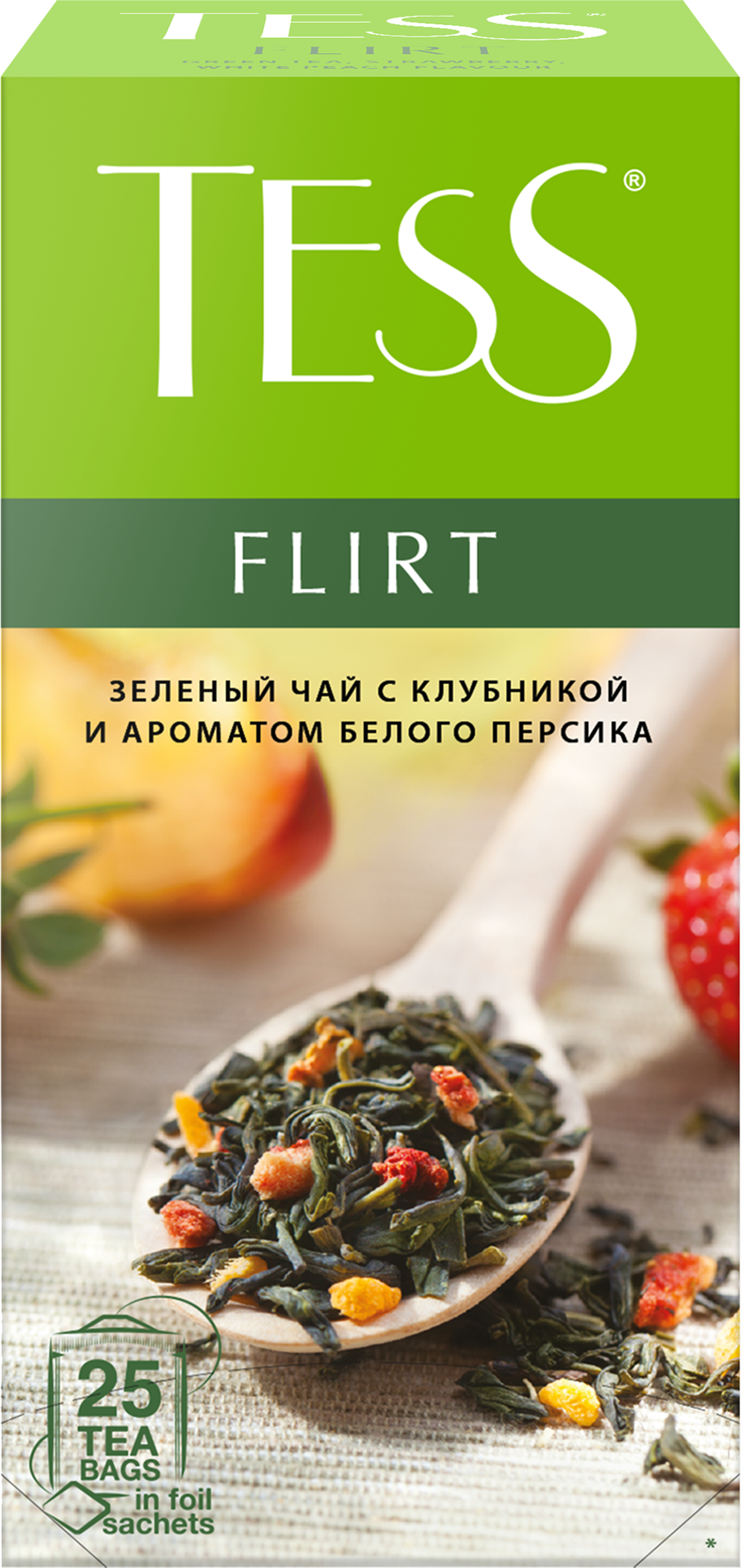 Изображение товара Чай зеленый TESS Flirt с персиком и клубникой, 25 пакетиков Изображение товара Чай зеленый TESS Flirt с персиком и клубникой, 25 пакетиков