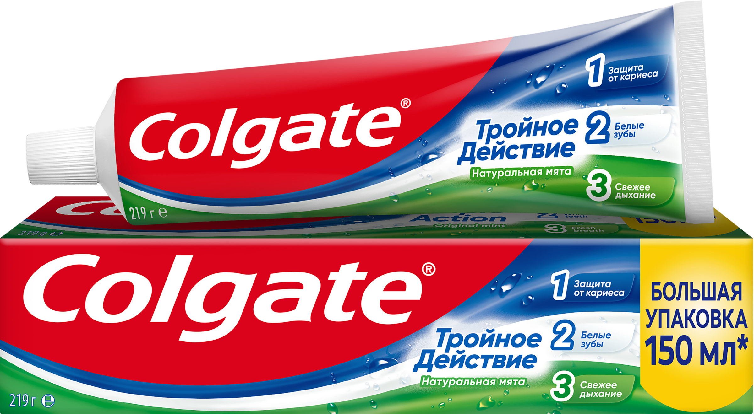 Изображение товара Зубная паста COLGATE Тройное действие Натуральная мята 150мл для защиты и отбеливания зубов Изображение товара Зубная паста COLGATE Тройное действие Натуральная мята 150мл для защиты и отбеливания зубов