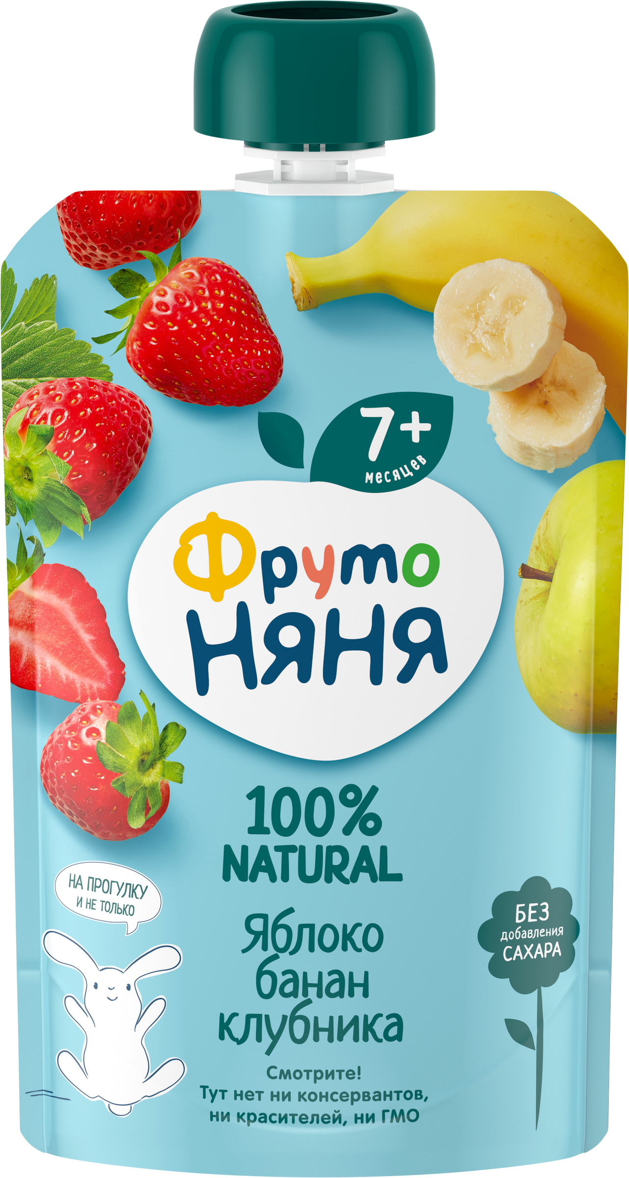 Изображение товара Детский фруктовый пюре ФРУТОНЯНЯ яблоки, бананы, клубника, с 7 месяцев, 90 г