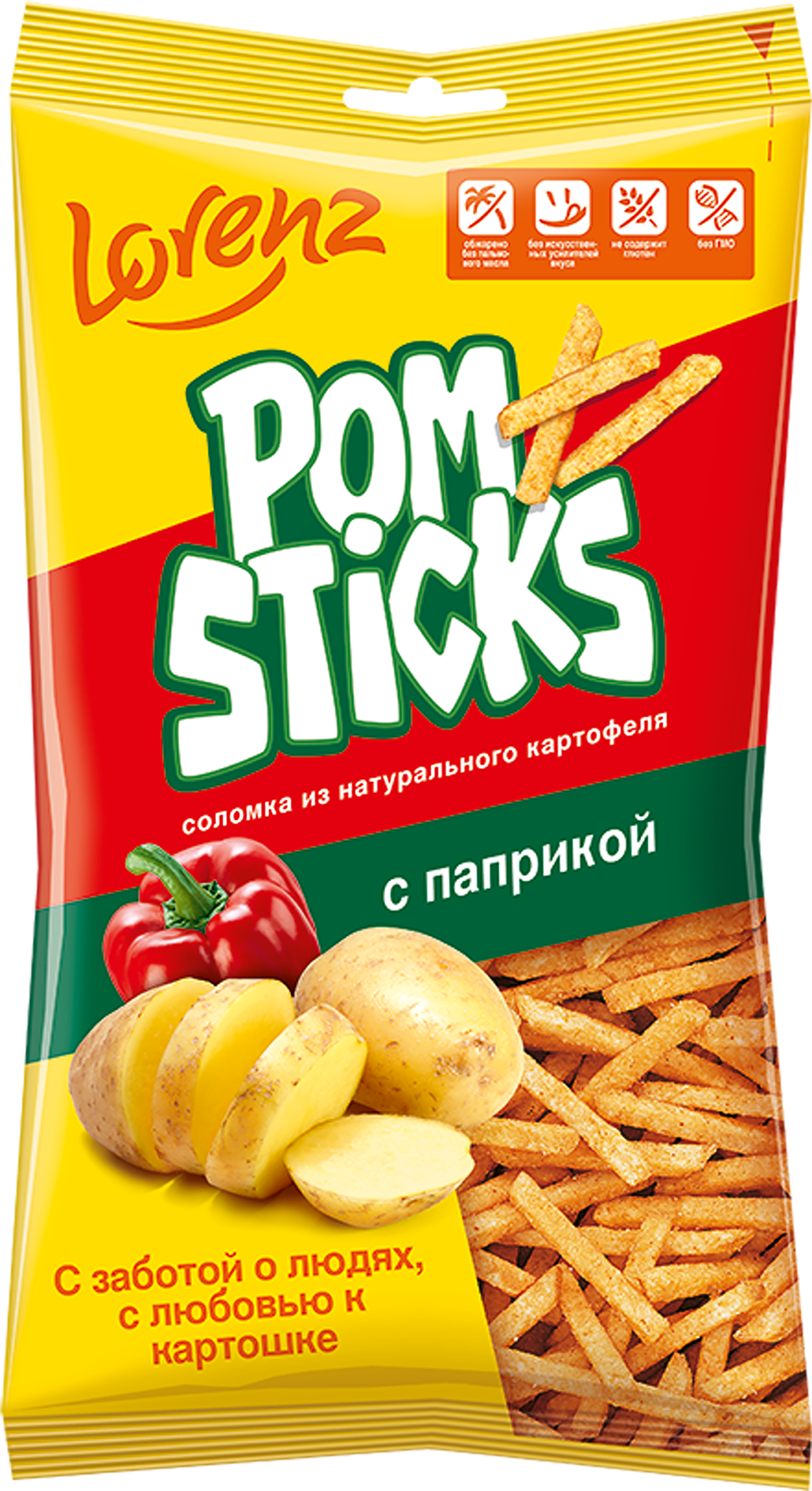 Изображение товара Картофельные чипсы POMSTICKS Lorenz с паприкой, хрустящая и натуральная закуска