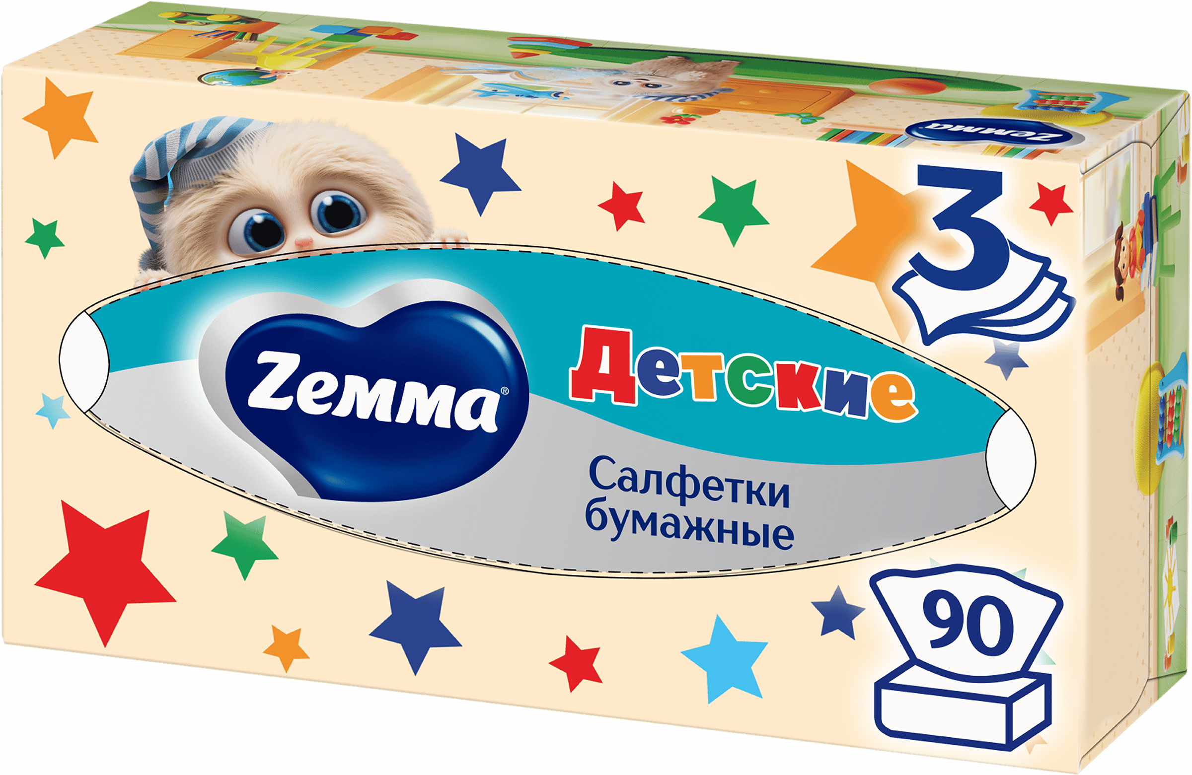 Изображение товара Салфетки бумажные детские ZEMMA 3 слоя, в коробке, 90шт