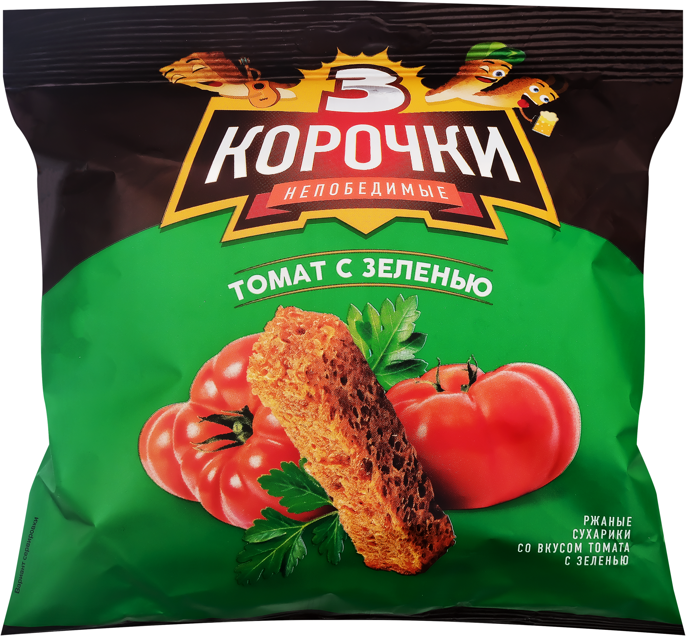 Изображение товара Сухарики ржаные ТРИ КОРОЧКИ Томат с зеленью, 100г