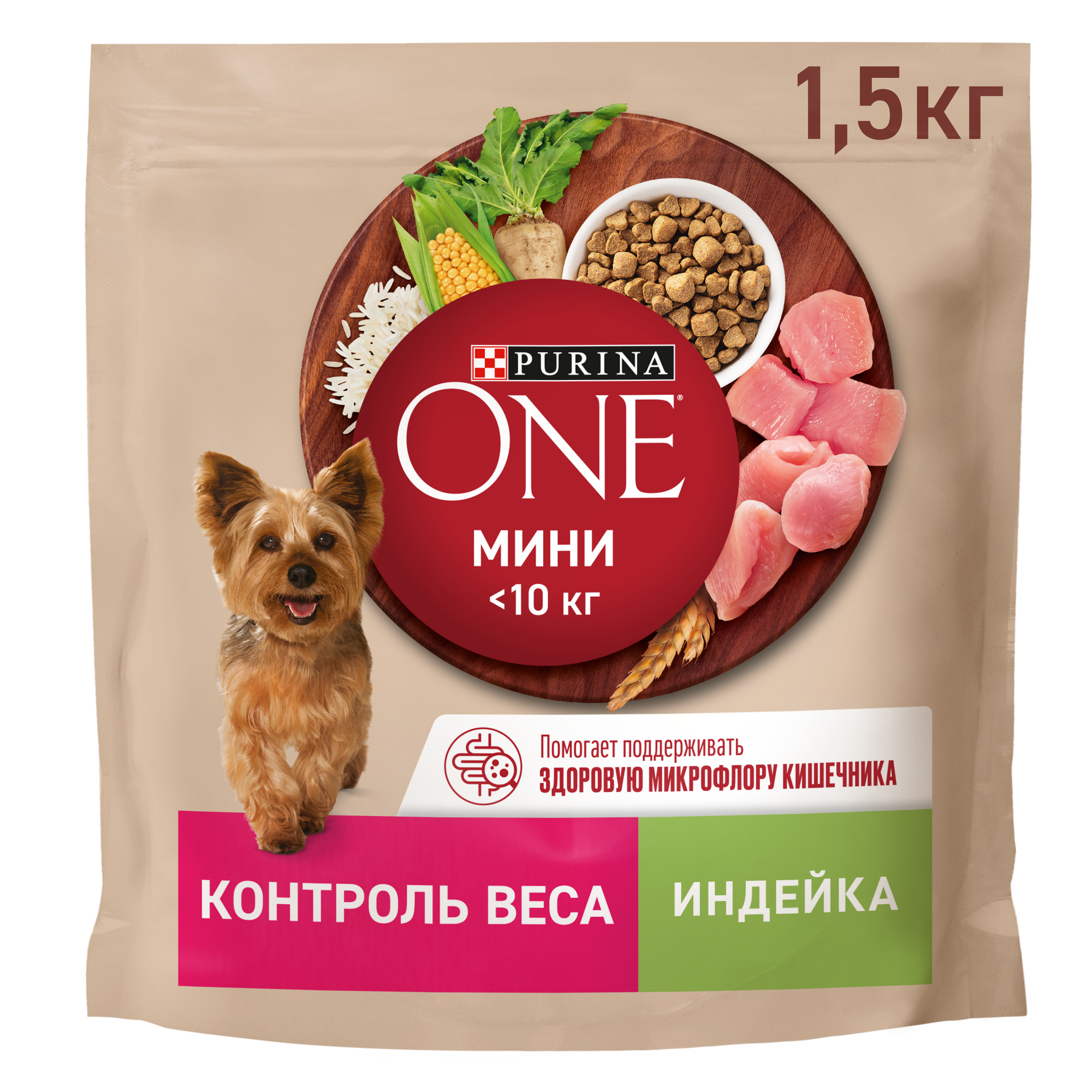 Изображение товара Корм сухой для взрослых собак PURINA ONE Мини Здоровый вес для мелких пород, склонных к набору веса с индейкой и рисом, 1,5кг