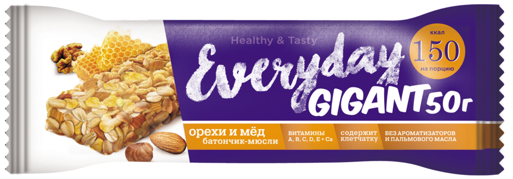 Изображение товара Батончик мюсли EVERYDAY Gigant Орехи и мед 50г - полезная закуска с орехами и медом Изображение товара Батончик мюсли EVERYDAY Gigant Орехи и мед 50г - полезная закуска с орехами и медом
