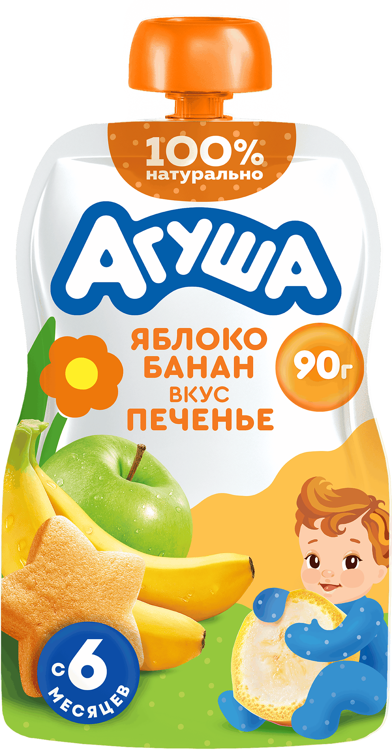 Изображение товара Пюре фруктовое детское АГУША Яблоко, банан, печенье 90г