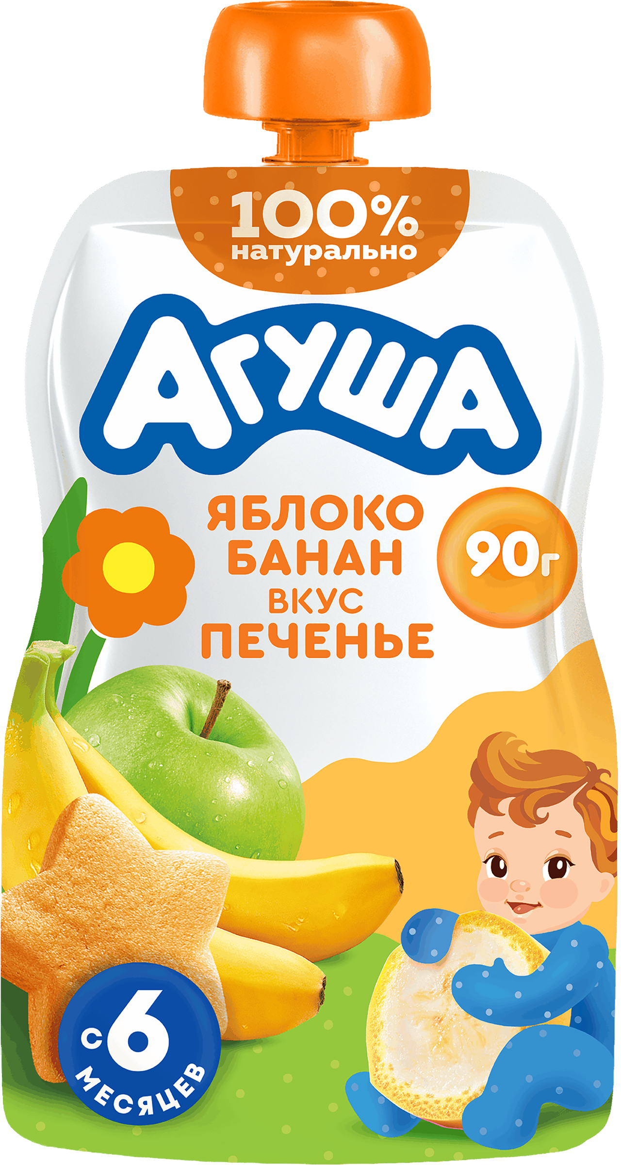 Изображение товара Детское фруктовое пюре АГУША Яблоко, банан и печенье с 6 месяцев, 90г