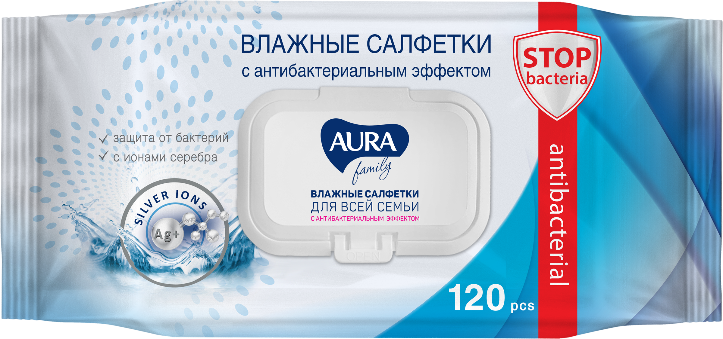 Изображение товара Салфетки влажные AURA Family, с антибактериальным эффектом, 120шт Изображение товара Салфетки влажные AURA Family, с антибактериальным эффектом, 120шт