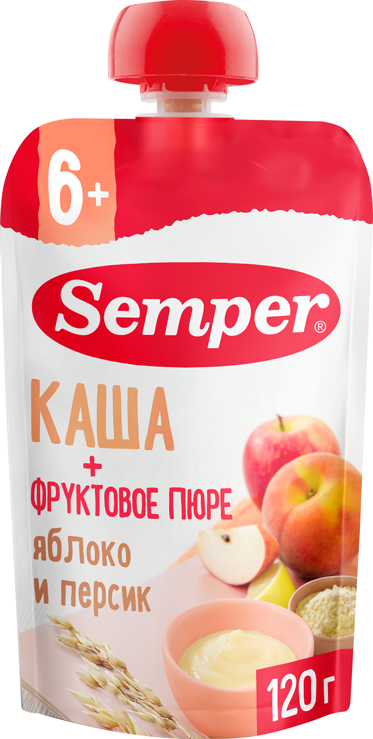 Изображение товара Пюре фруктово-злаковое SEMPER Яблочно-персиковое с кашей 120г для детей с 6 месяцев