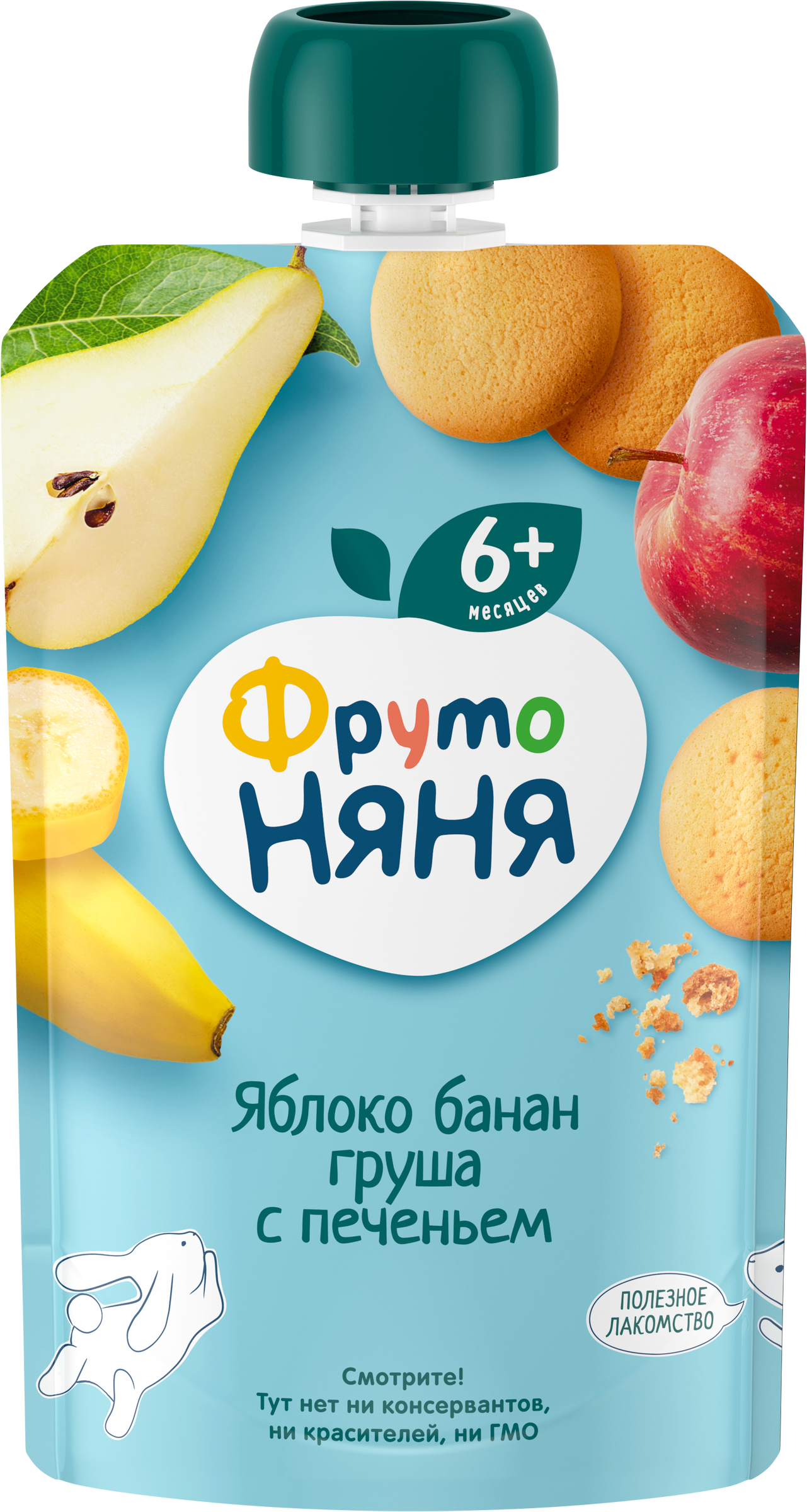 Изображение товара Пюре фруктовое ФРУТОНЯНЯ Яблоко, банан и груша, с печеньем, с 6 месяцев, 90г Изображение товара Пюре фруктовое ФРУТОНЯНЯ Яблоко, банан и груша, с печеньем, с 6 месяцев, 90г