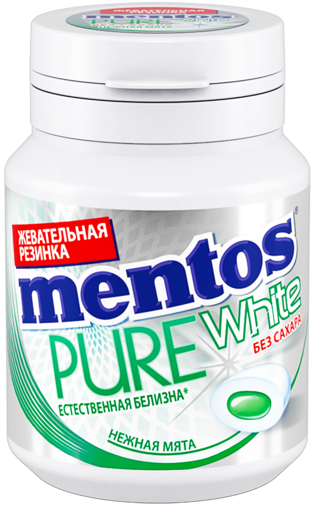 Изображение товара Жевательная резинка MENTOS Pure white со вкусом нежной мяты 54г с жидким центром Изображение товара Жевательная резинка MENTOS Pure white со вкусом нежной мяты 54г с жидким центром