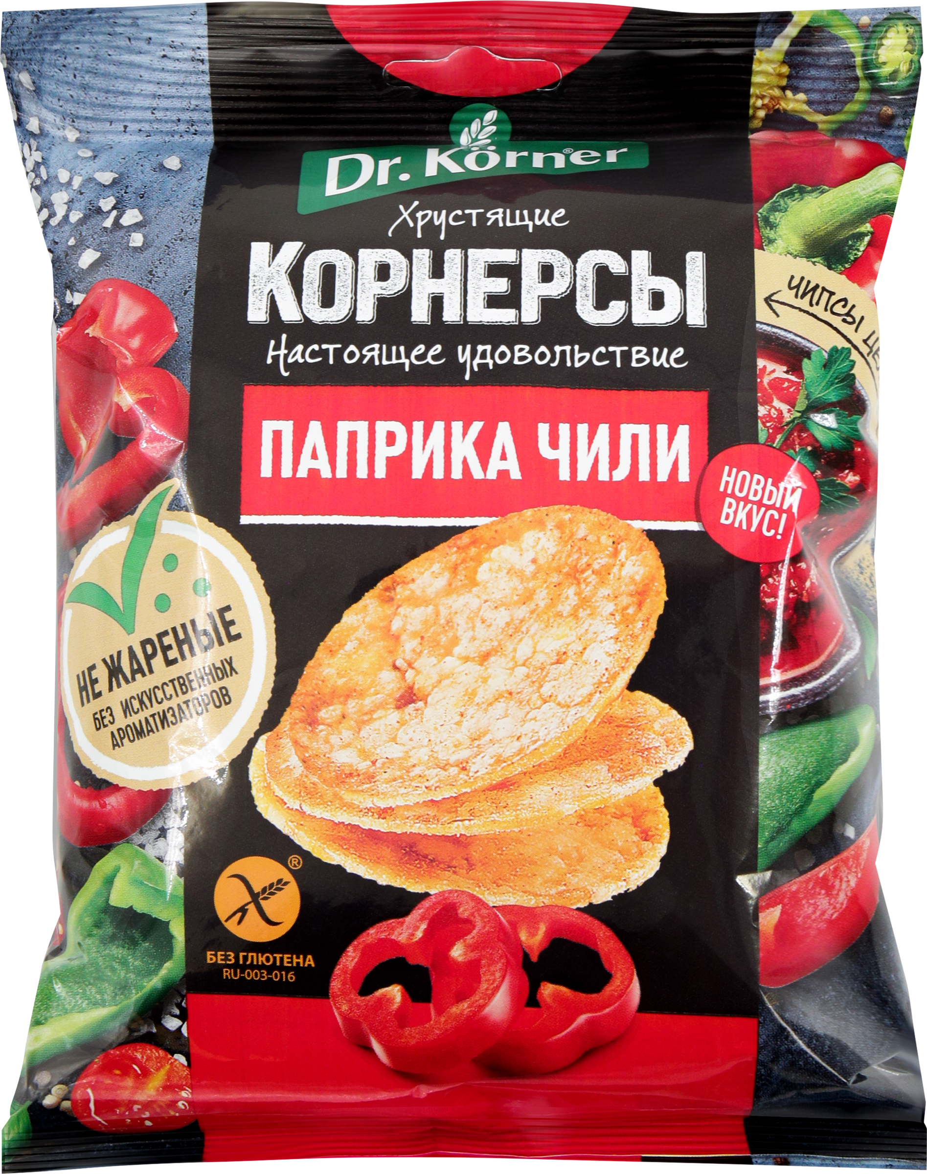 Изображение товара Цельнозерновые чипсы DR. KORNER с паприкой и чили, 50г Изображение товара Цельнозерновые чипсы DR. KORNER с паприкой и чили, 50г