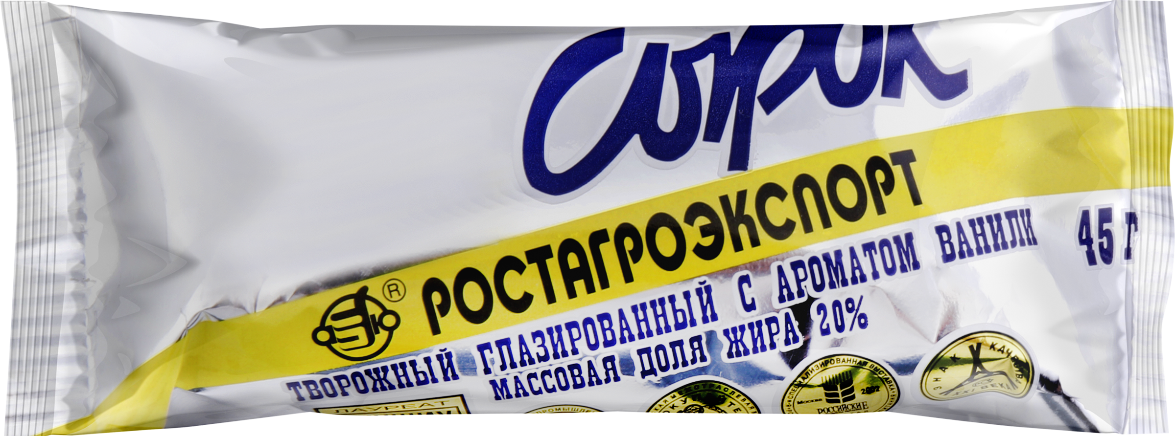 Изображение товара Сырок творожный глазированный с ванилином 20% 45г РОСТАГРОЭКСПОРТ Изображение товара Сырок творожный глазированный с ванилином 20% 45г РОСТАГРОЭКСПОРТ
