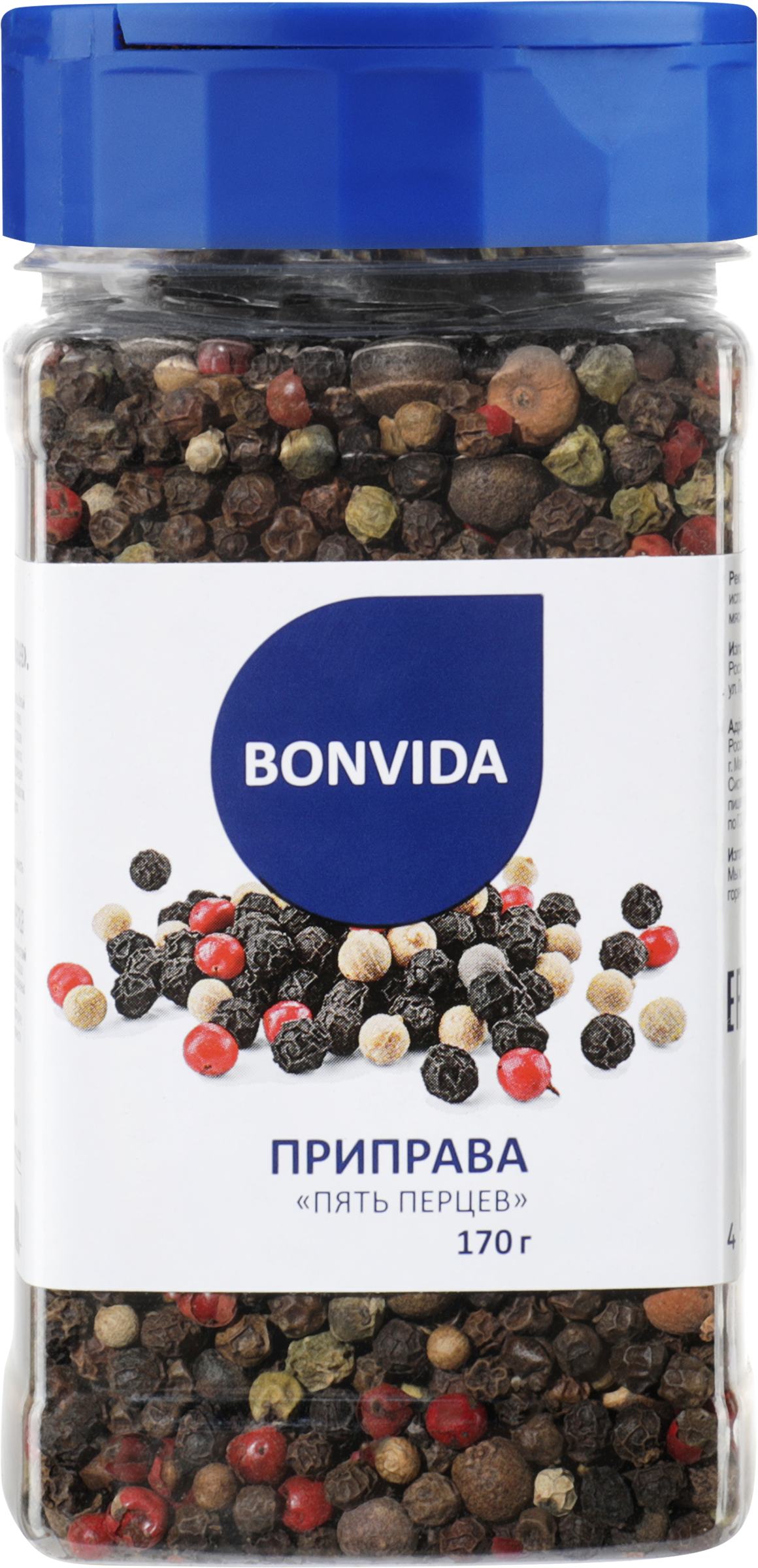 Изображение товара Приправа BONVIDA смесь Пять перцев, 170г Изображение товара Приправа BONVIDA смесь Пять перцев, 170г