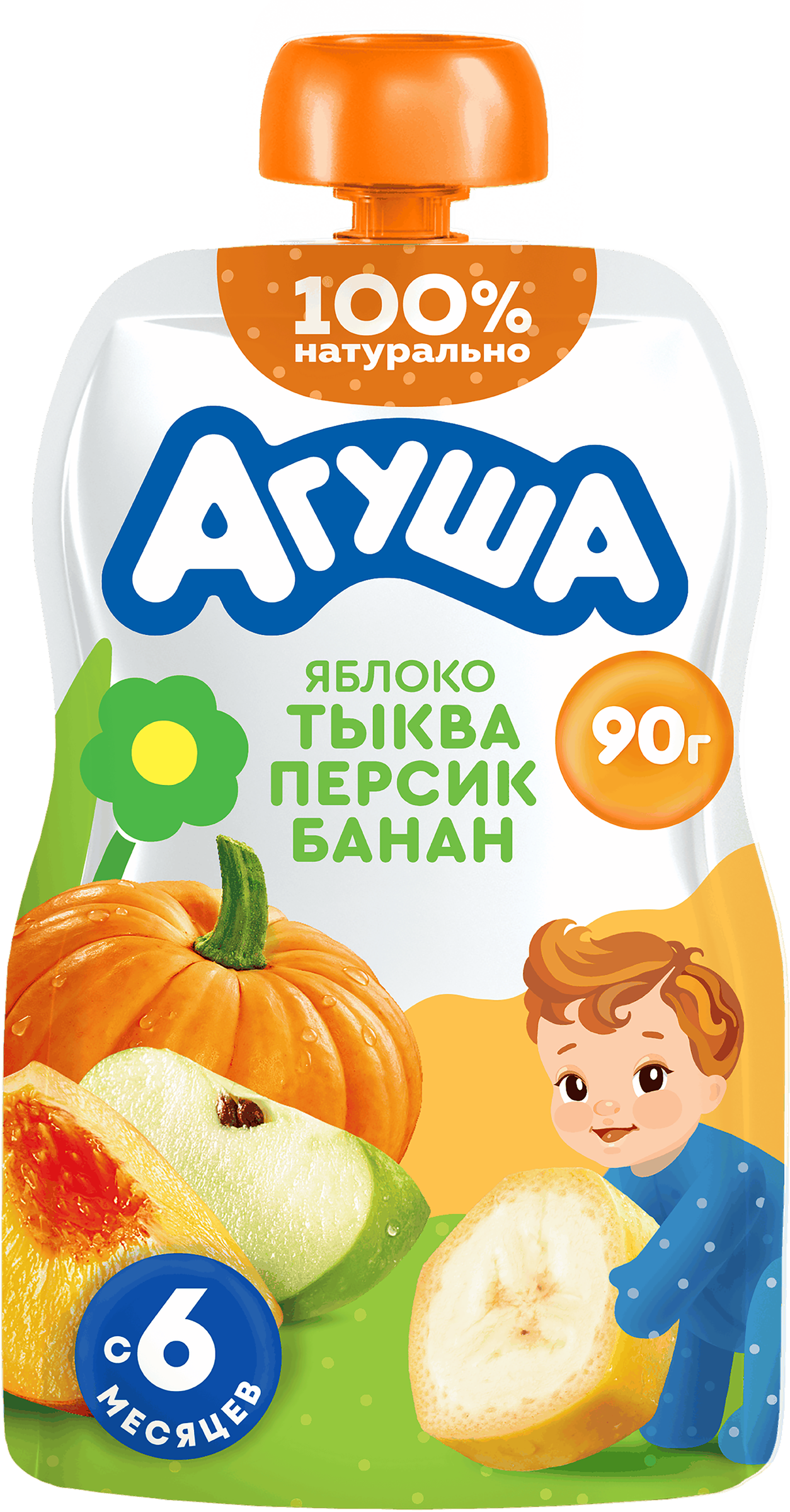 Изображение товара Пюре фруктовое детское АГУША Яблоко, тыква, персик, банан, с 6 месяцев, 
90г