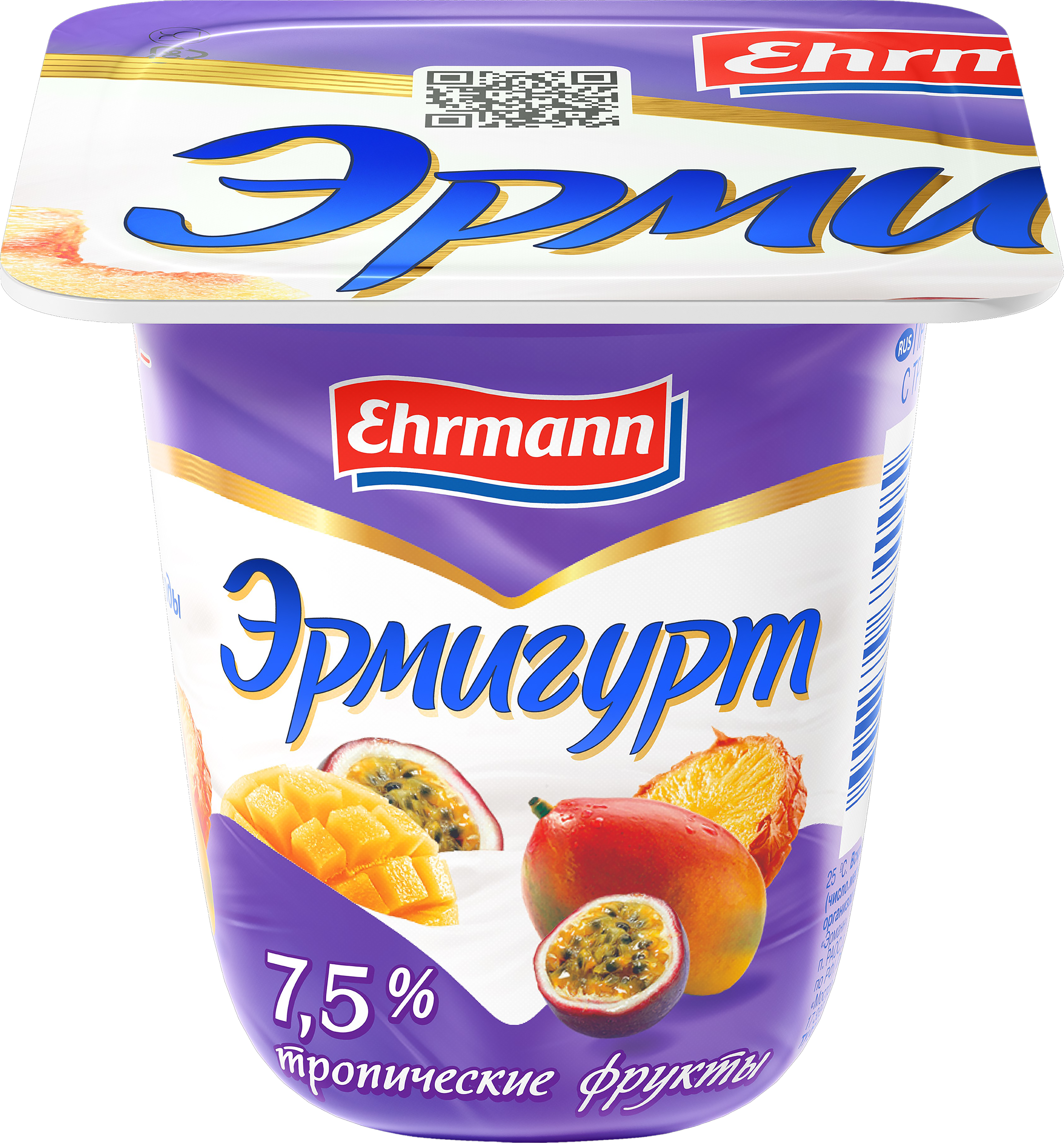 Изображение товара Продукт йогуртный EHRMANN Эрмигурт Экстра Сливочный с тропическими фруктами 7,5%, без змж, 100г Изображение товара Продукт йогуртный EHRMANN Эрмигурт Экстра Сливочный с тропическими фруктами 7,5%, без змж, 100г