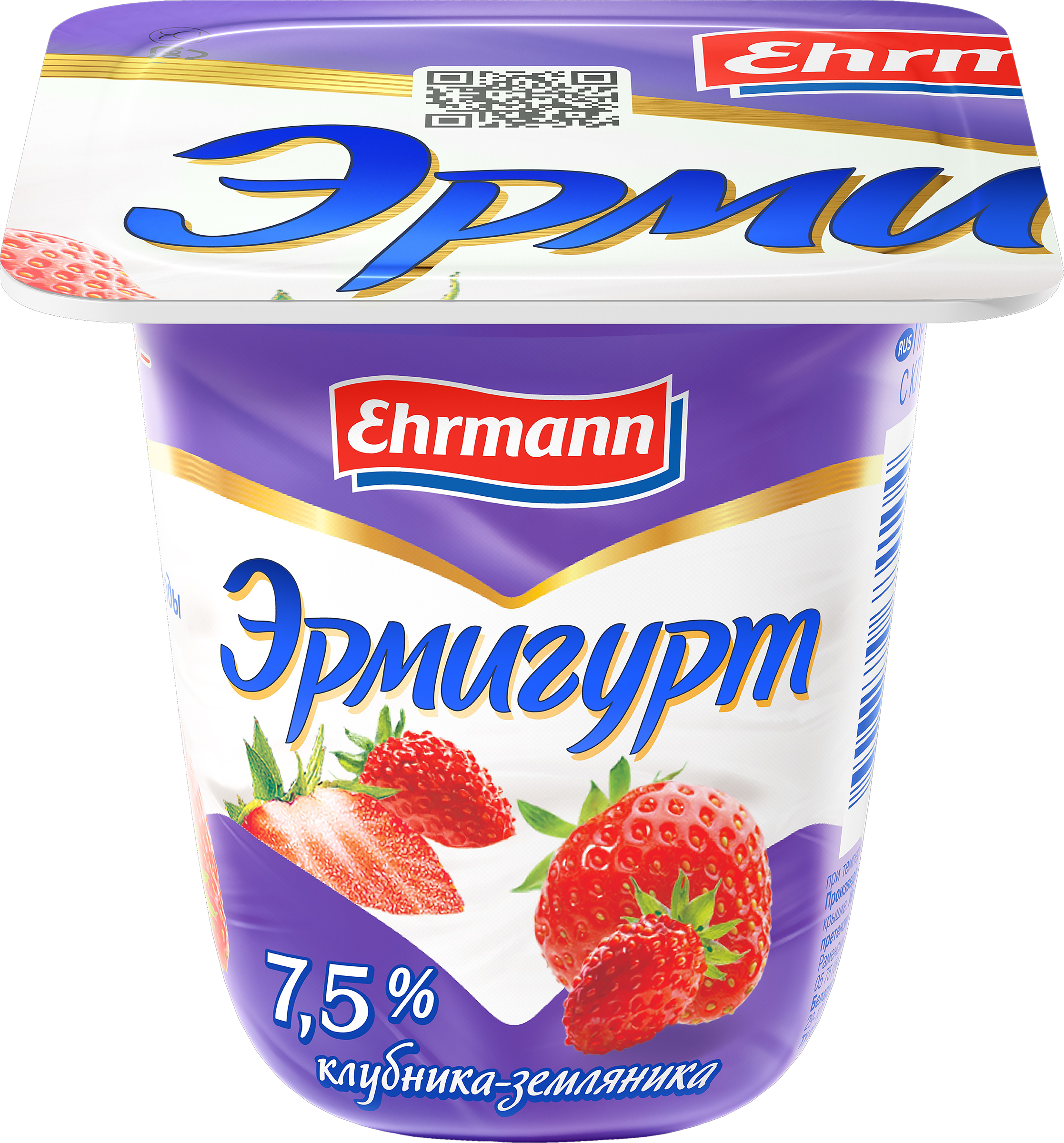 Изображение товара Продукт йогуртный EHRMANN Эрмигурт Экстра Сливочный с клубникой и земляникой 7,5%, без змж, 100г Изображение товара Продукт йогуртный EHRMANN Эрмигурт Экстра Сливочный с клубникой и земляникой 7,5%, без змж, 100г