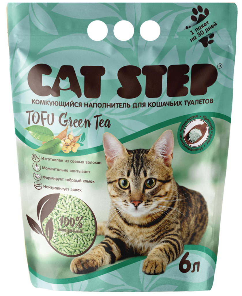 Изображение товара Экологичный комкующийся наполнитель для кошек CAT STEP Tofu Green Tea, 6л