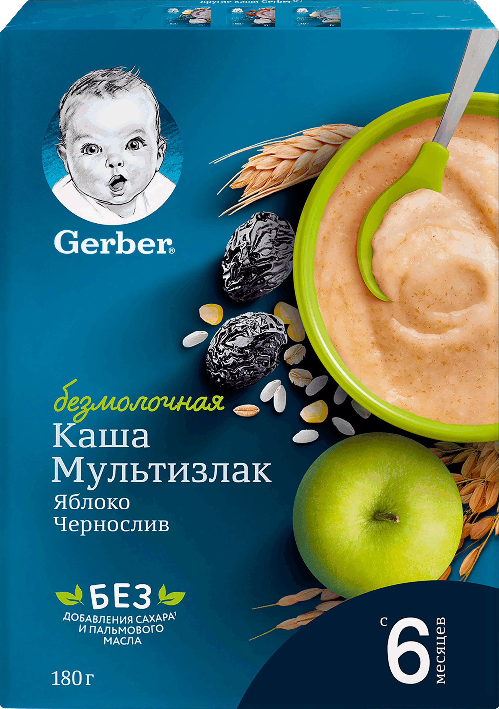 Изображение товара Безмолочная мультизлаковая каша GERBER с яблоком и черносливом 180г