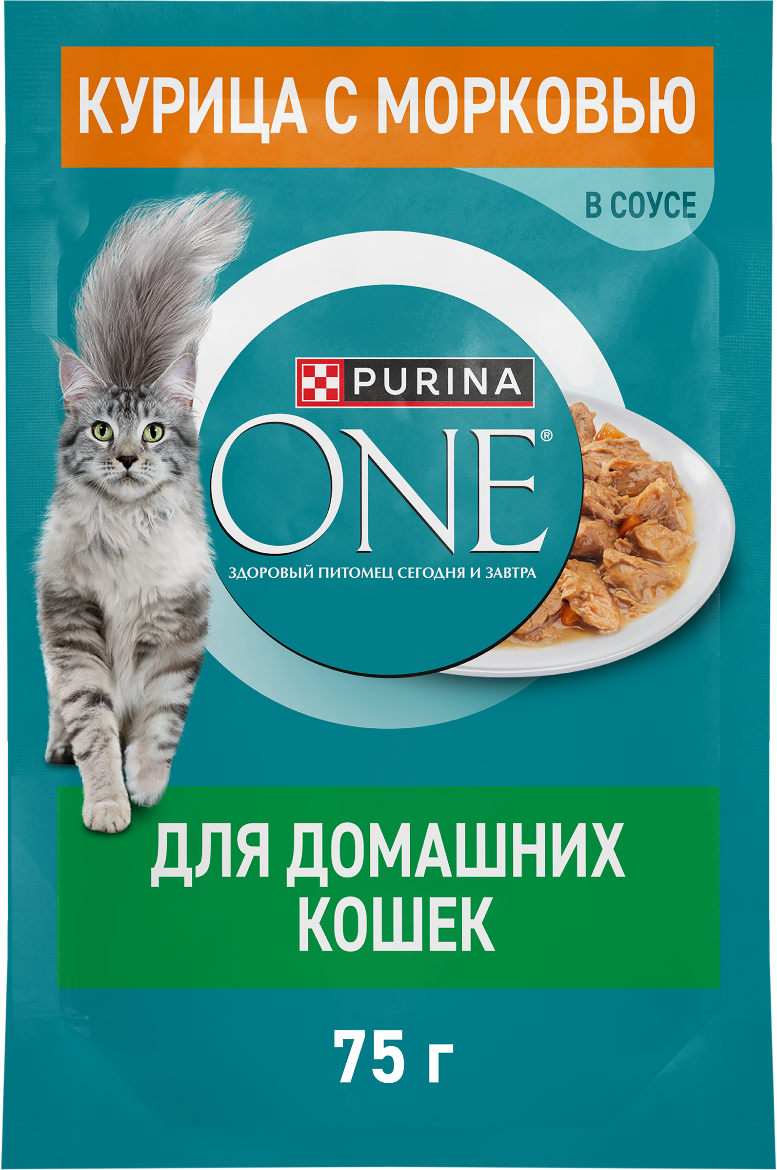Изображение товара Корм влажный для взрослых кошек PURINA ONE для домашних, с курицей и морковью, 75г