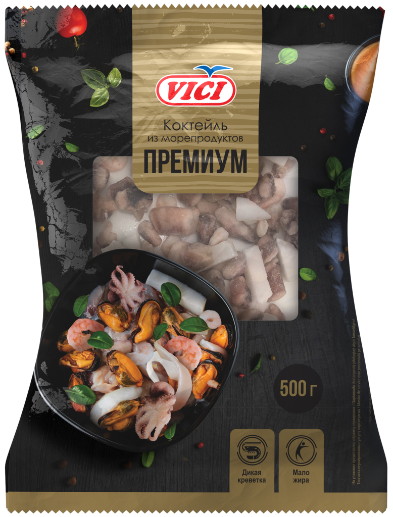 Изображение товара Коктейль из морепродуктов варено-мороженный VICI Премиум, 500г Изображение товара Коктейль из морепродуктов варено-мороженный VICI Премиум, 500г