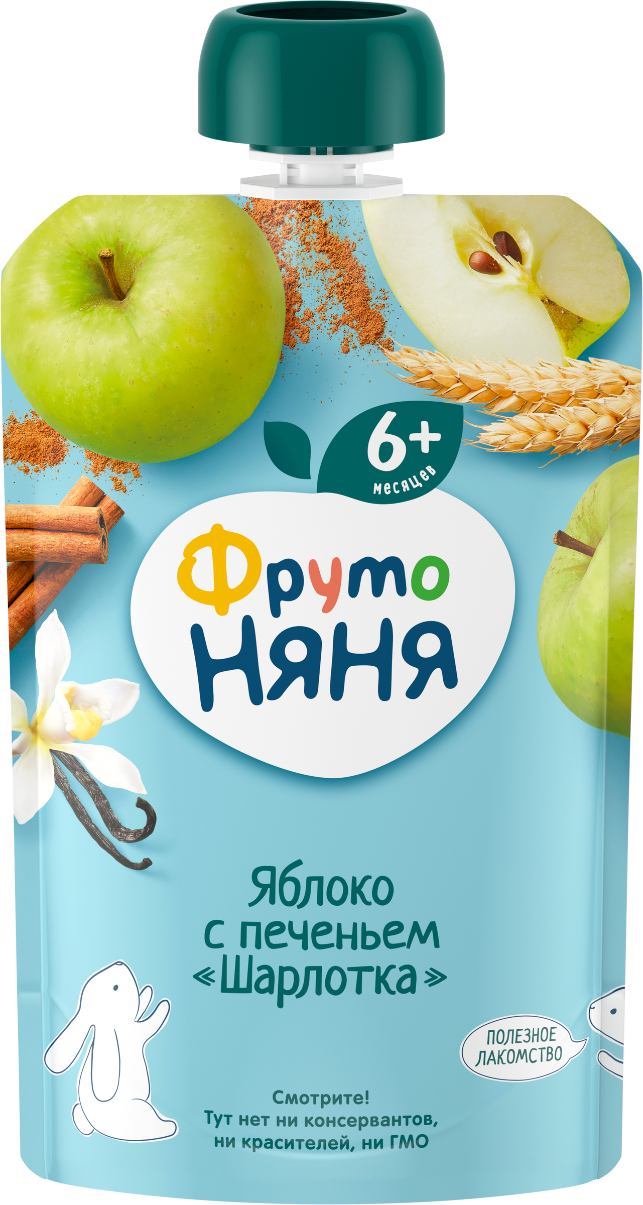 Изображение товара Пюре фруктовое ФРУТОНЯНЯ Шарлотка, яблоко, с печеньем, с 6 месяцев, 90г Изображение товара Пюре фруктовое ФРУТОНЯНЯ Шарлотка, яблоко, с печеньем, с 6 месяцев, 90г