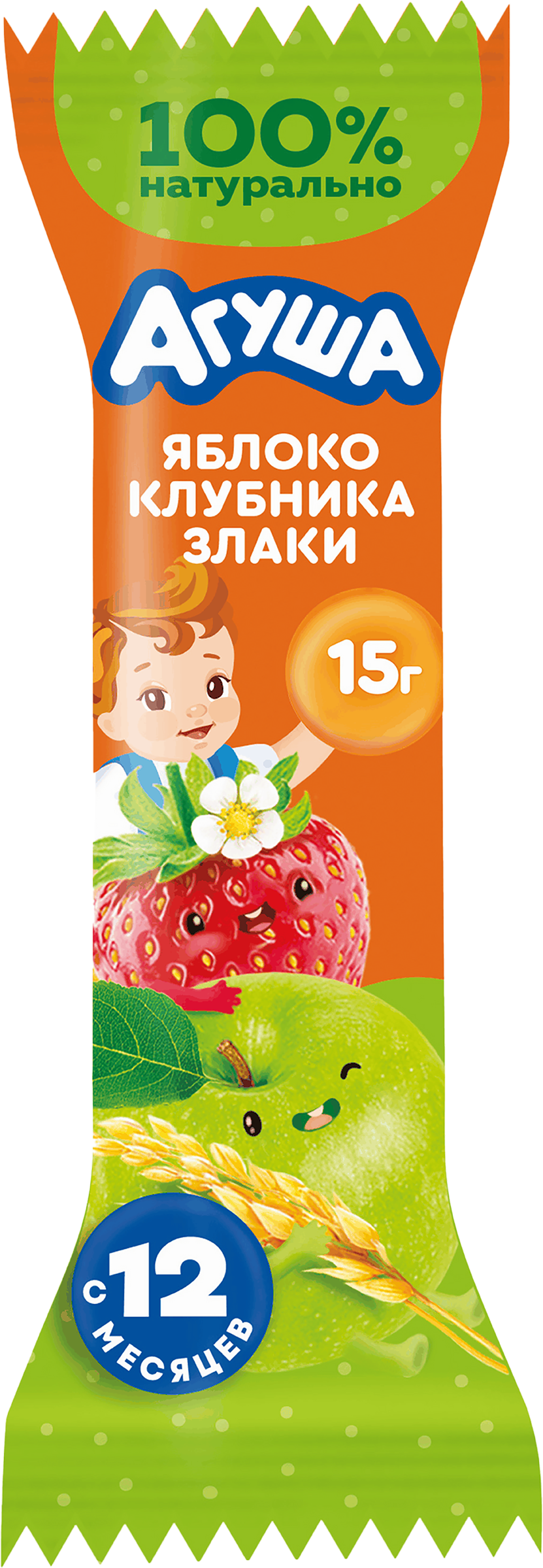Изображение товара Детский фруктово-злаковый батончик АГУША с яблоком и клубникой, без добавления сахара Изображение товара Детский фруктово-злаковый батончик АГУША с яблоком и клубникой, без добавления сахара