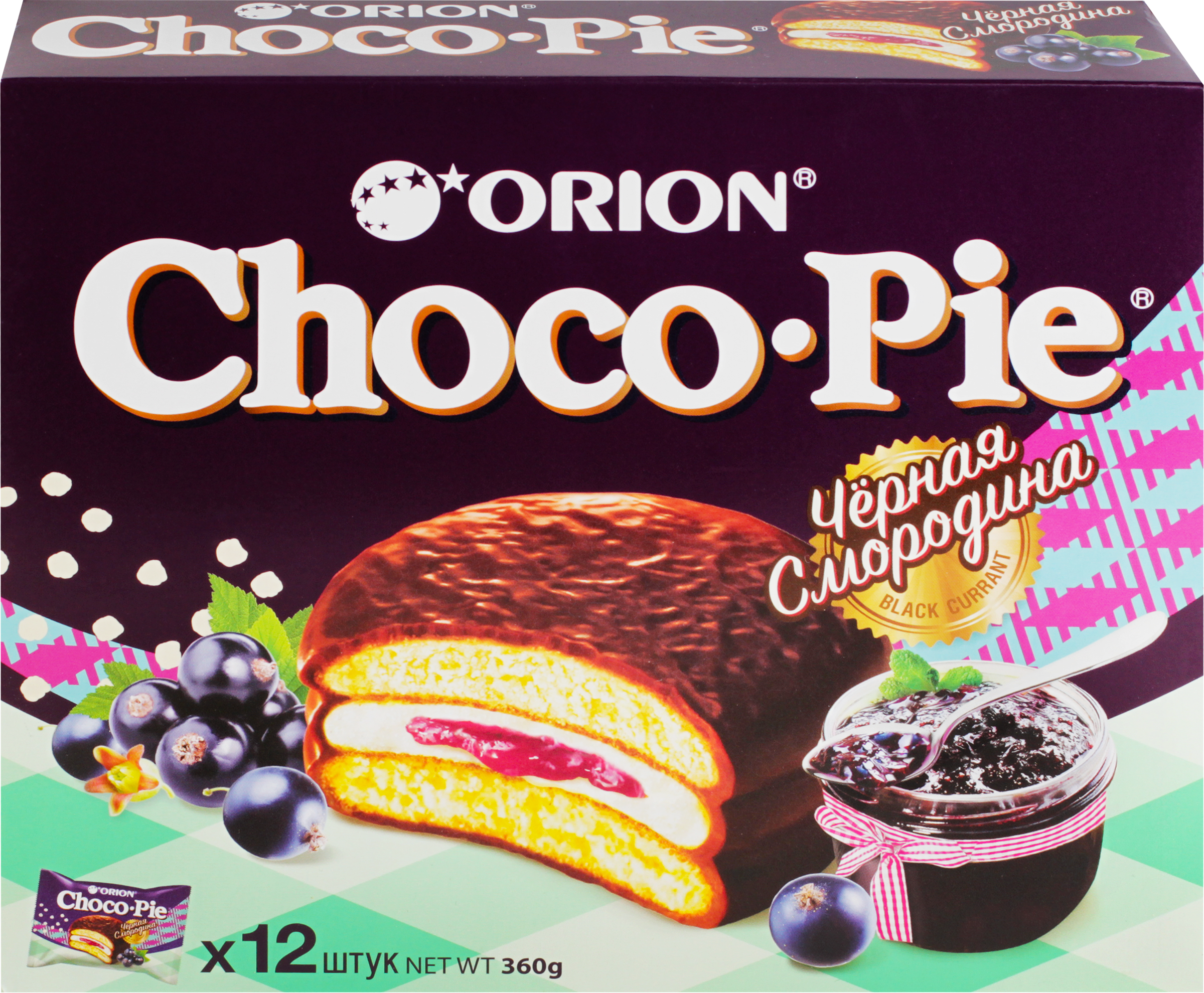 Изображение товара Пирожное ORION Choco Pie черная смородина 360г, вкусное бисквитное лакомство Изображение товара Пирожное ORION Choco Pie черная смородина 360г, вкусное бисквитное лакомство