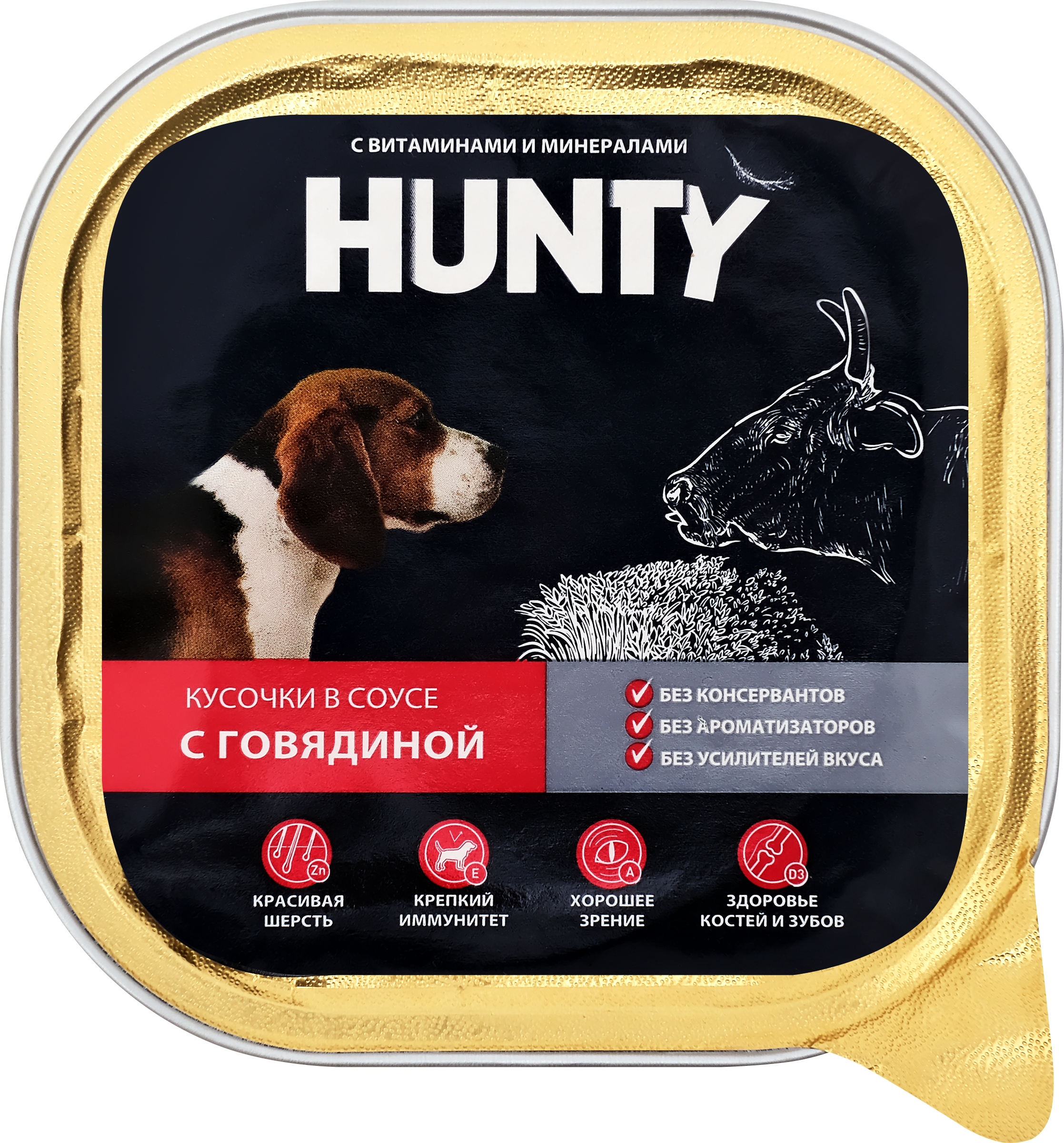 Изображение товара Консервированный корм для взрослых собак HUNTY кусочки в соусе с говядиной 300 г Изображение товара Консервированный корм для взрослых собак HUNTY кусочки в соусе с говядиной 300 г