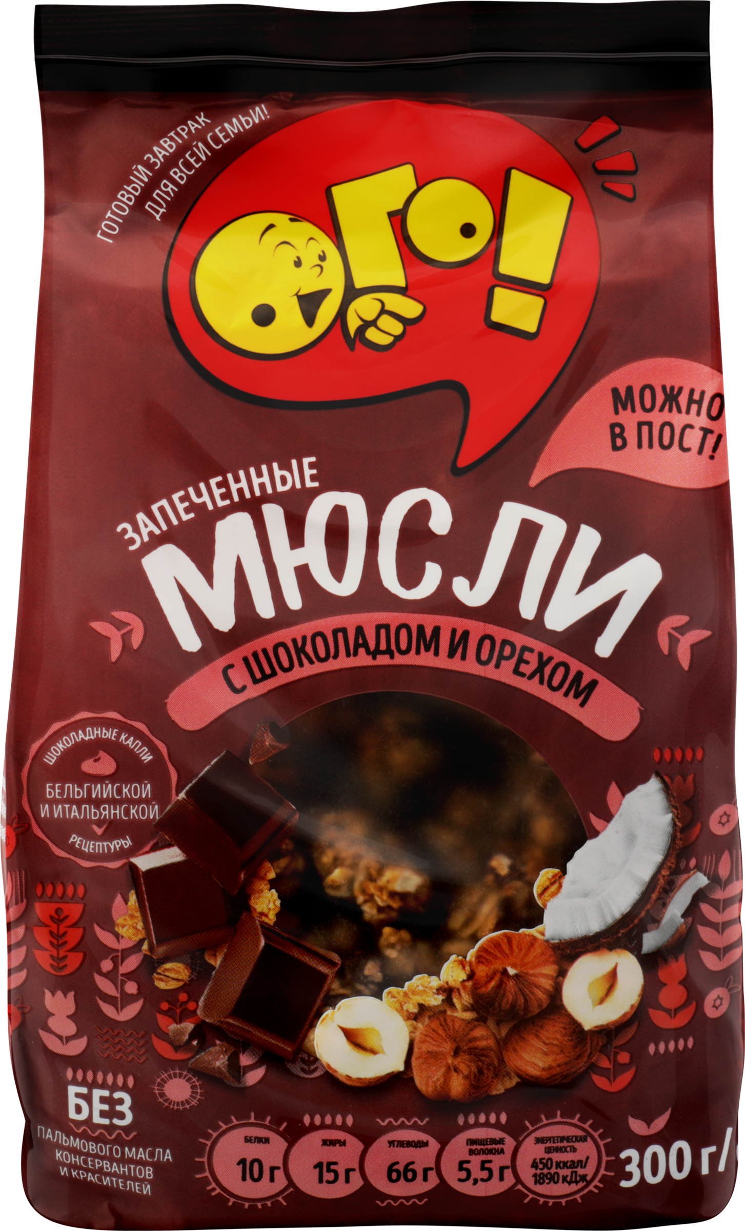 Изображение товара Запеченные мюсли ОГО! с шоколадом и орехом 300г Изображение товара Запеченные мюсли ОГО! с шоколадом и орехом 300г