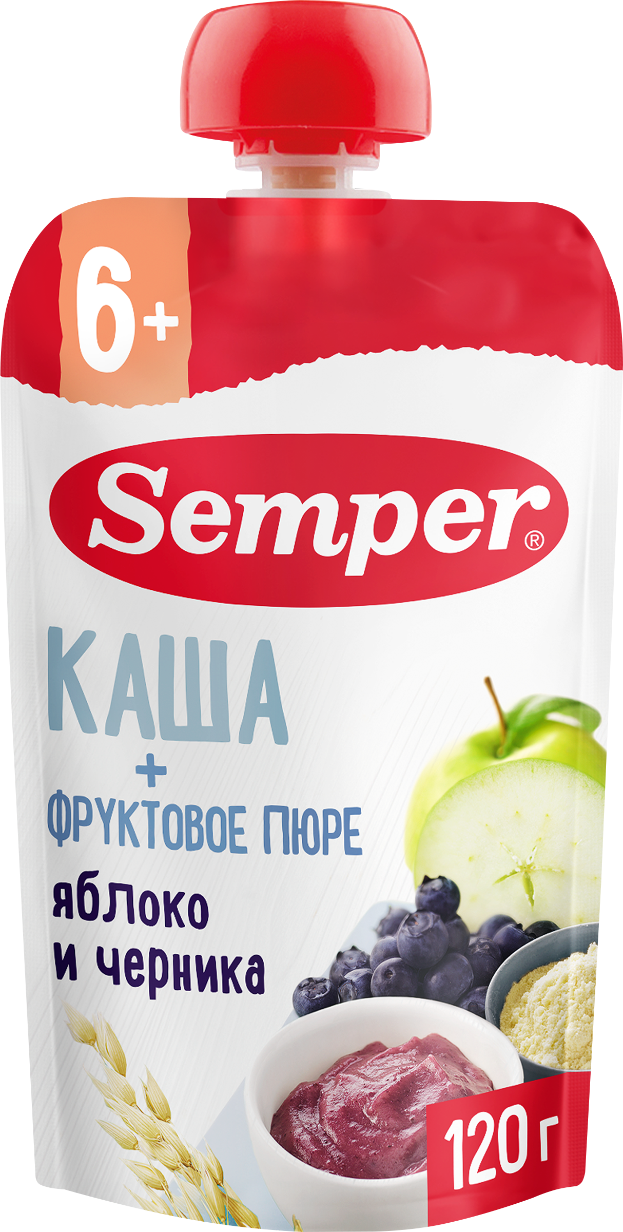 Изображение товара Пюре для детей SEMPER Яблоко и черника с кашей, без добавленного сахара
