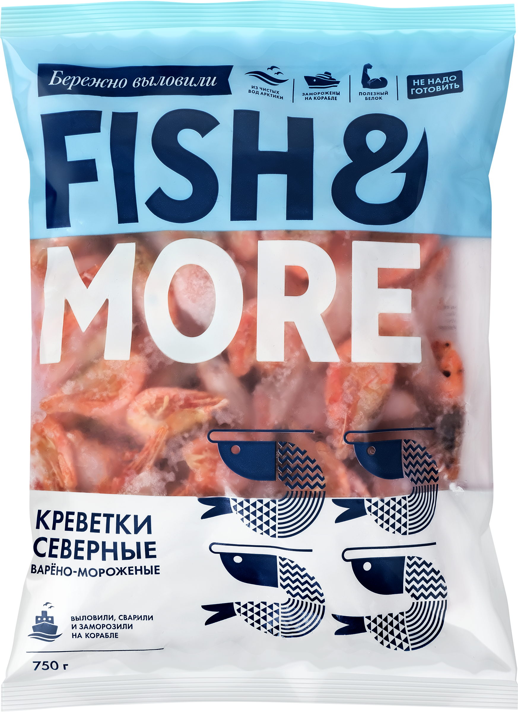 Изображение товара Креветки северные варено-мороженые 80/100 в панцире FISH & MORE 750г