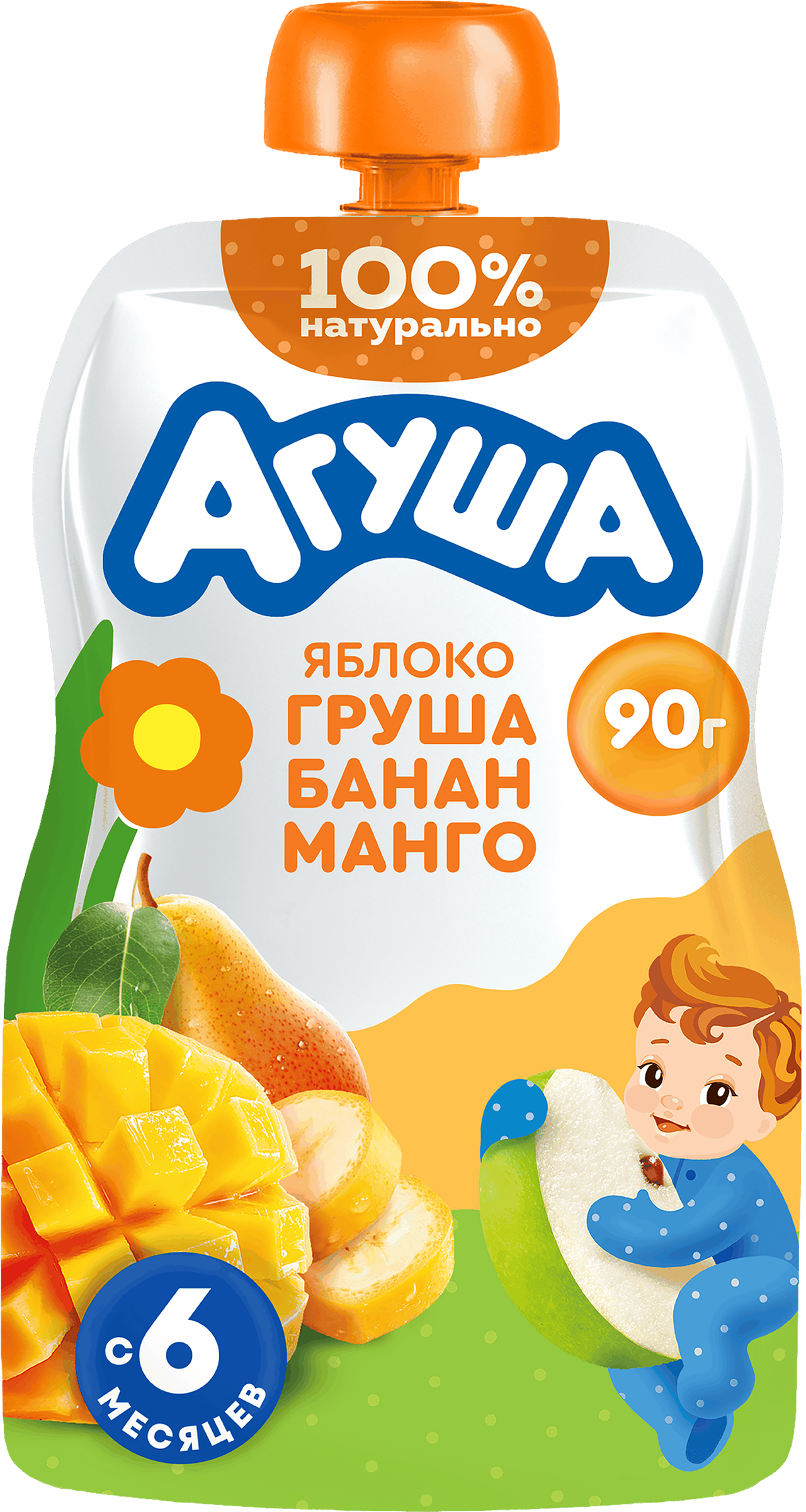 Изображение товара Пюре фруктовое детское АГУША Яблоко, груша, банан и манго, с 6 месяцев, 90г