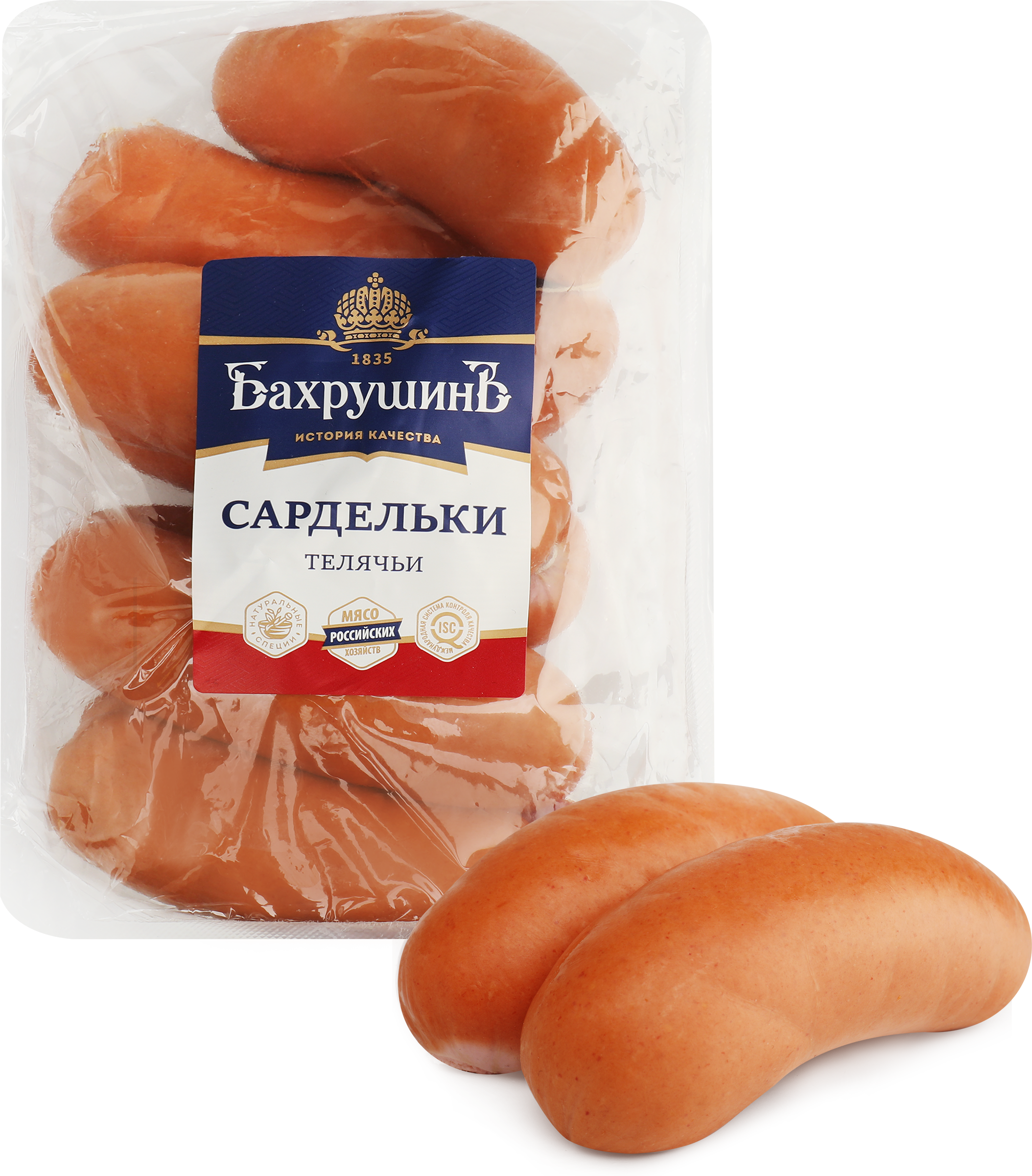 Изображение товара Сардельки Телячьи БАХРУШИНЪ категория В вакуум упаковка Изображение товара Сардельки Телячьи БАХРУШИНЪ категория В вакуум упаковка