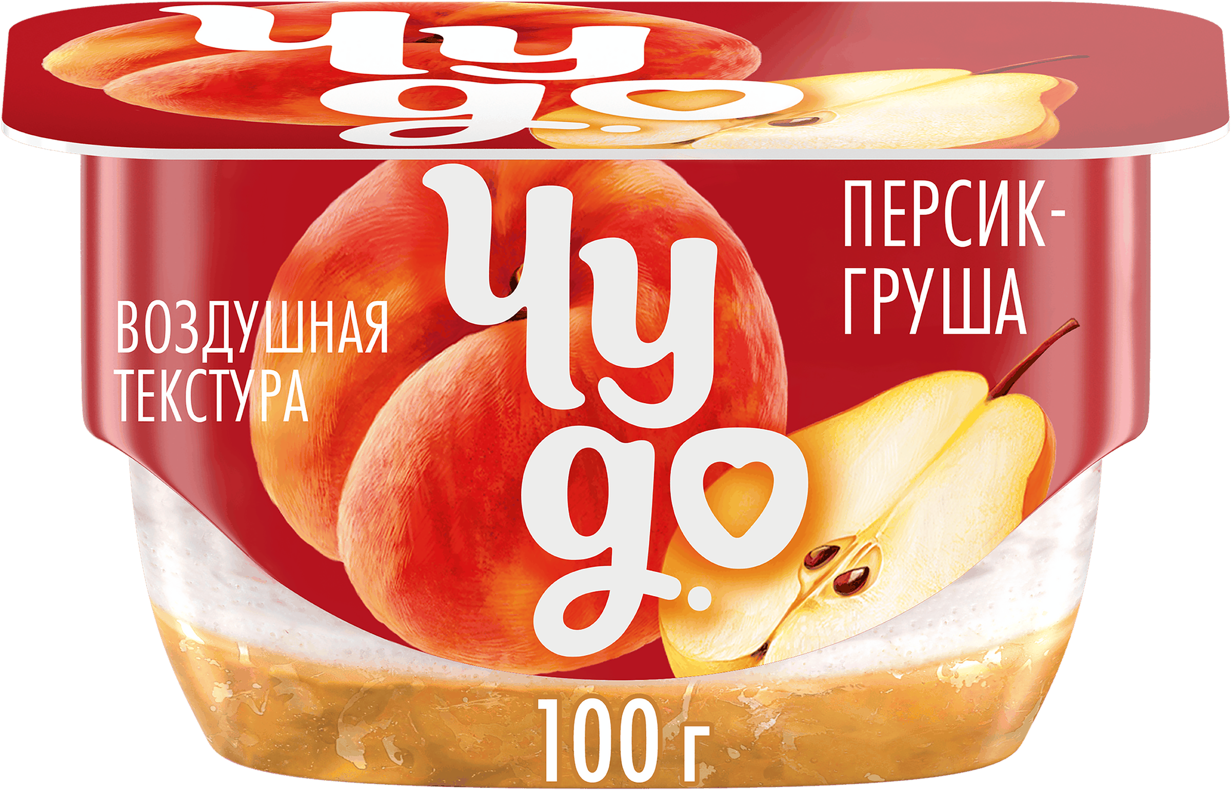 Изображение товара Десерт творожный ЧУДО Творожок взбитый двухслойный Персик-груша 4,2%, без змж, 100г