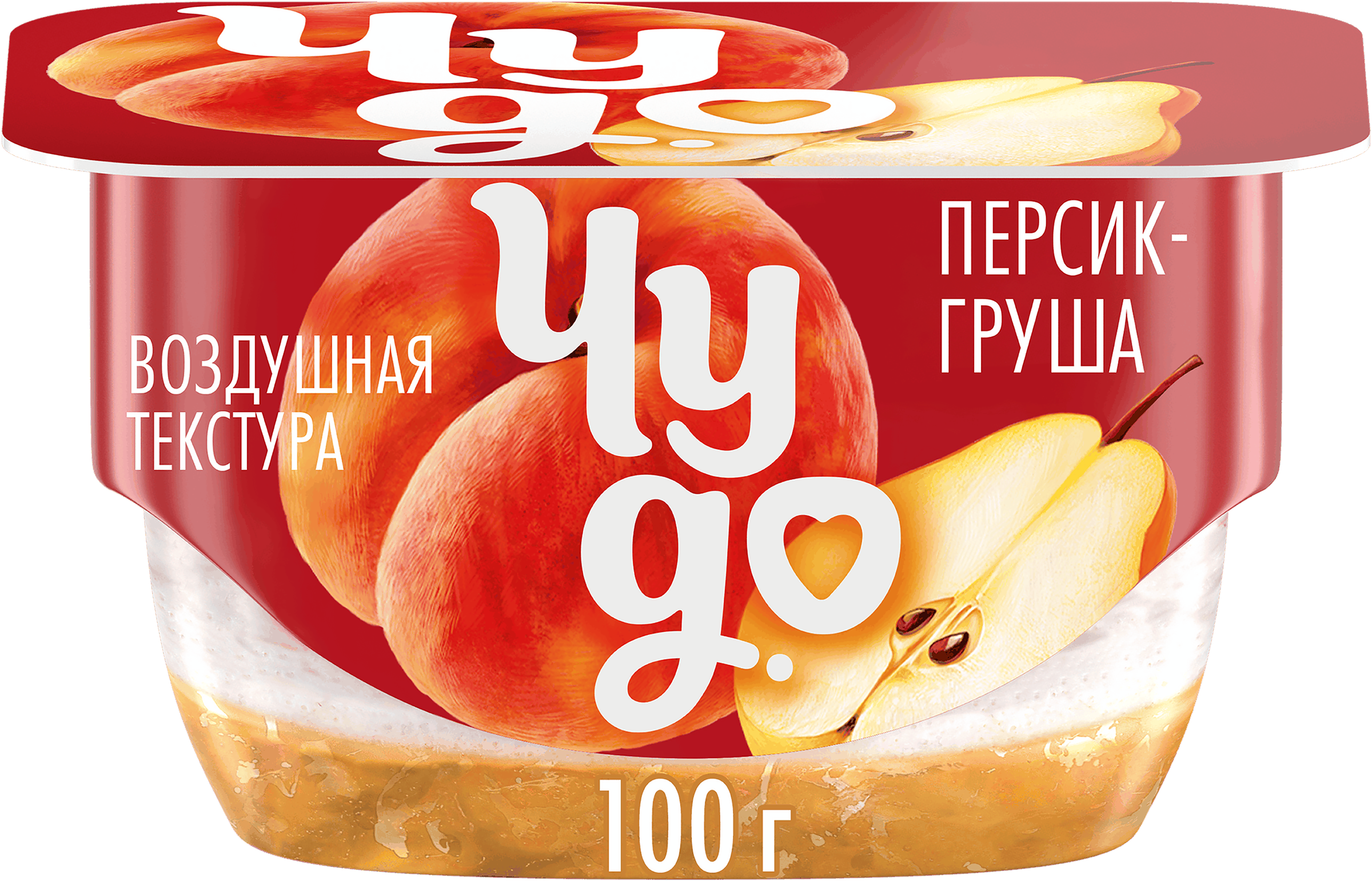 Изображение товара Десерт творожный ЧУДО Творожок взбитый двухслойный Персик, груша 4,2%, без змж, 100г Изображение товара Десерт творожный ЧУДО Творожок взбитый двухслойный Персик, груша 4,2%, без змж, 100г