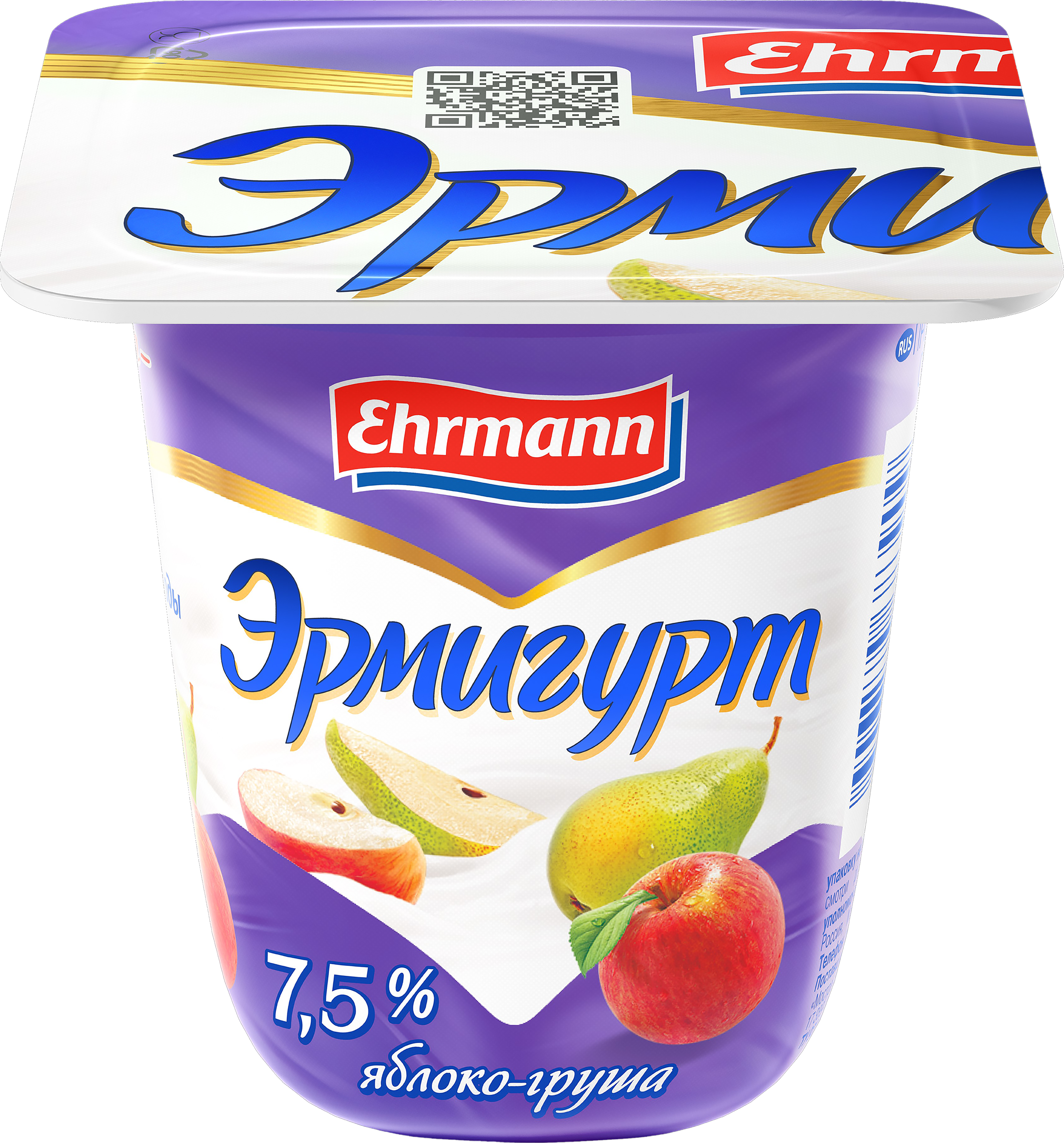 Изображение товара Продукт йогуртный EHRMANN Эрмигурт Экстра с яблоком и грушей 7,5%, без змж, 100г Изображение товара Продукт йогуртный EHRMANN Эрмигурт Экстра с яблоком и грушей 7,5%, без змж, 100г