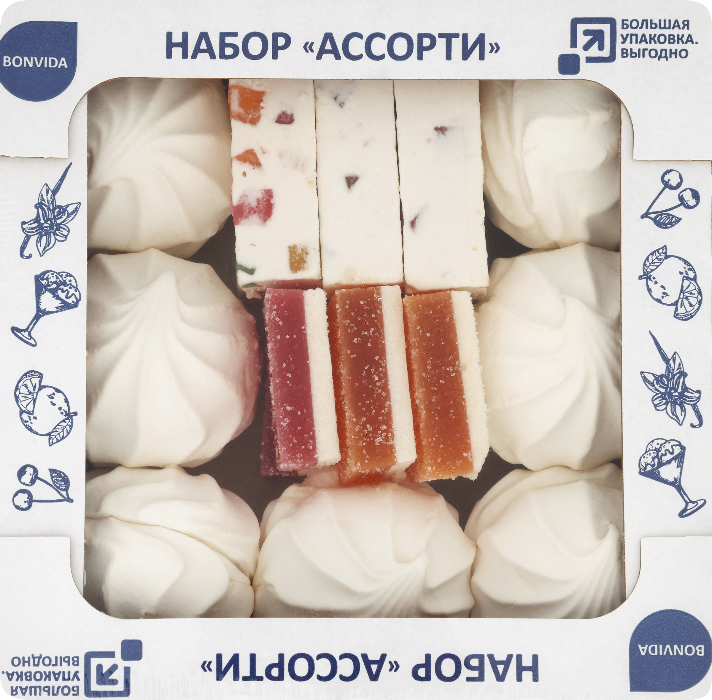 Изображение товара Набор кондитерских изделий BONVIDA зефир аромат ванили, мармелад вкус апельсина, вишни и пломбира, пастила, 650г