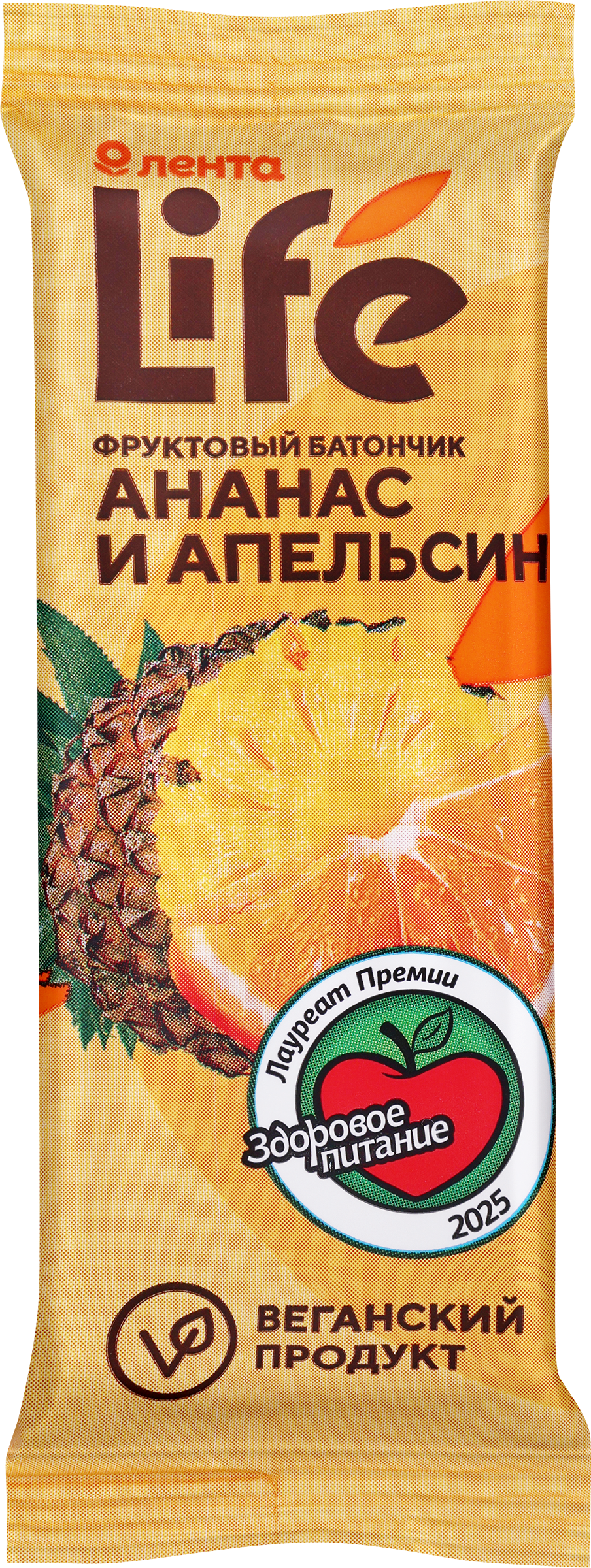 Изображение товара Батончик фруктовый ЛЕНТА LIFE Ананас и апельсин, 33г Изображение товара Батончик фруктовый ЛЕНТА LIFE Ананас и апельсин, 33г