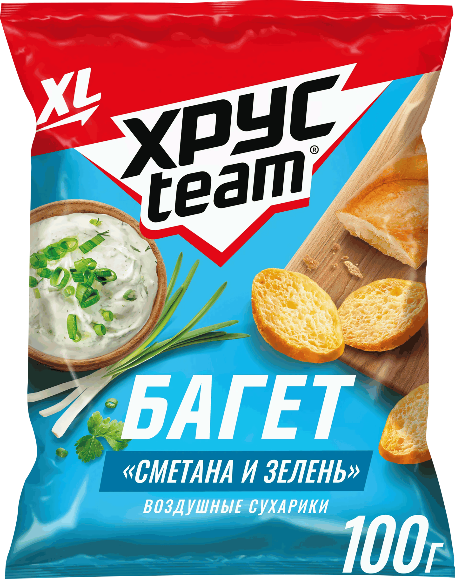 Изображение товара Сухарики воздушные ХРУСTEAM Багет Сметана-зелень, 100г Изображение товара Сухарики воздушные ХРУСTEAM Багет Сметана-зелень, 100г