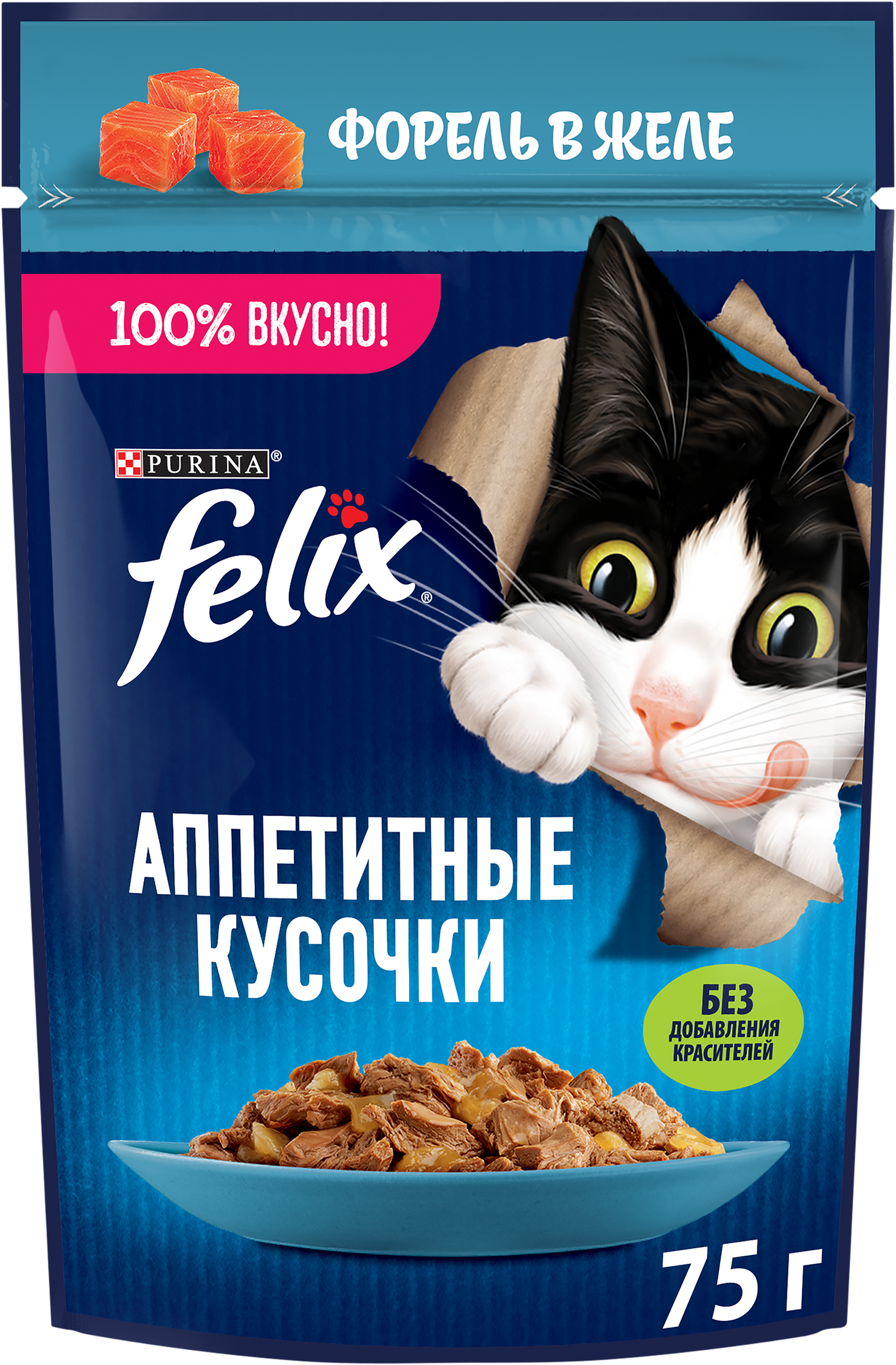 Изображение товара Корм влажный для взрослых кошек FELIX Аппетитные кусочки Форель в желе, 75г Изображение товара Корм влажный для взрослых кошек FELIX Аппетитные кусочки Форель в желе, 75г