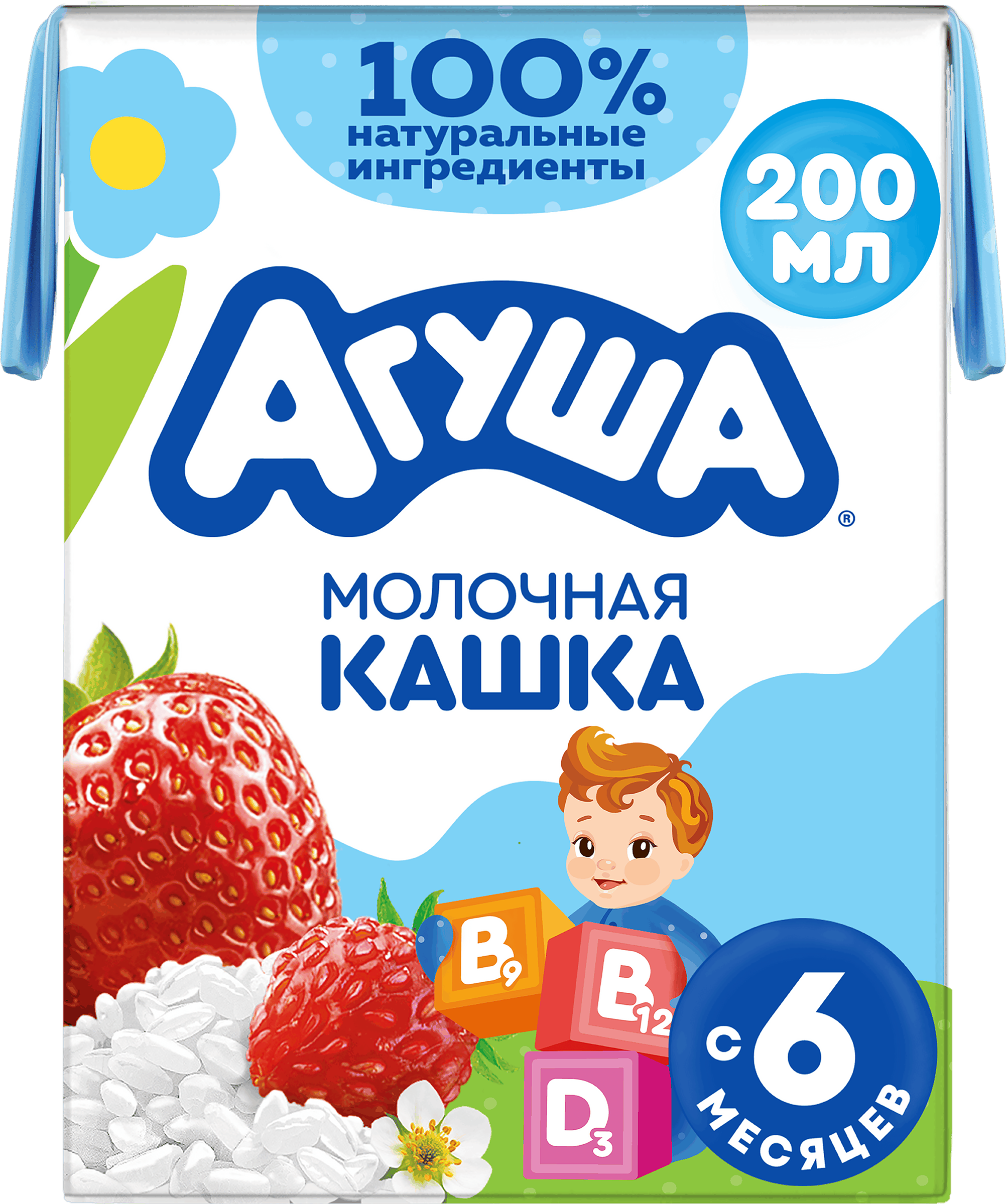 Изображение товара Каша рисовая детская АГУША Укрепляй-ка молочная с клубникой земляникой и яблоком 200мл
