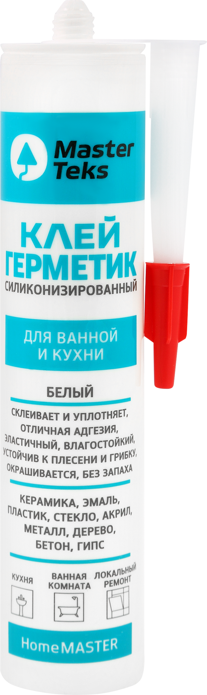 Изображение товара Клей-герметик для ванной и кухни MASTERTEKS HomeMaster 260мл силиконизированный белый Изображение товара Клей-герметик для ванной и кухни MASTERTEKS HomeMaster 260мл силиконизированный белый