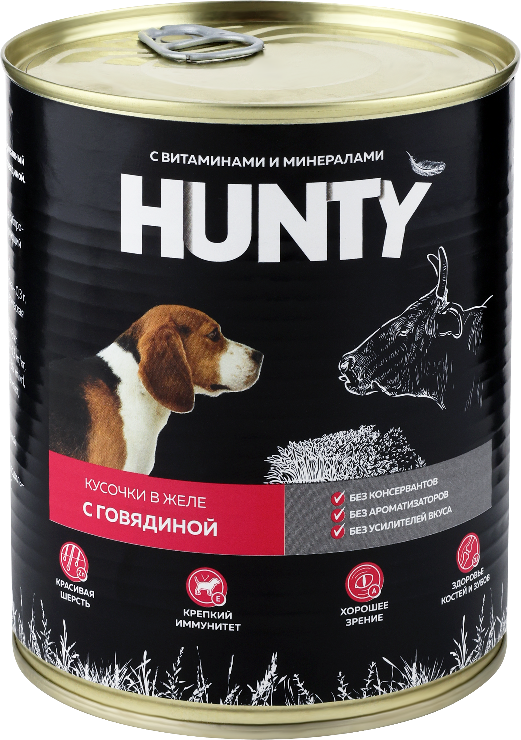 Изображение товара Корм консервированный для собак HUNTY сочные кусочки в желе с говядиной, 850г