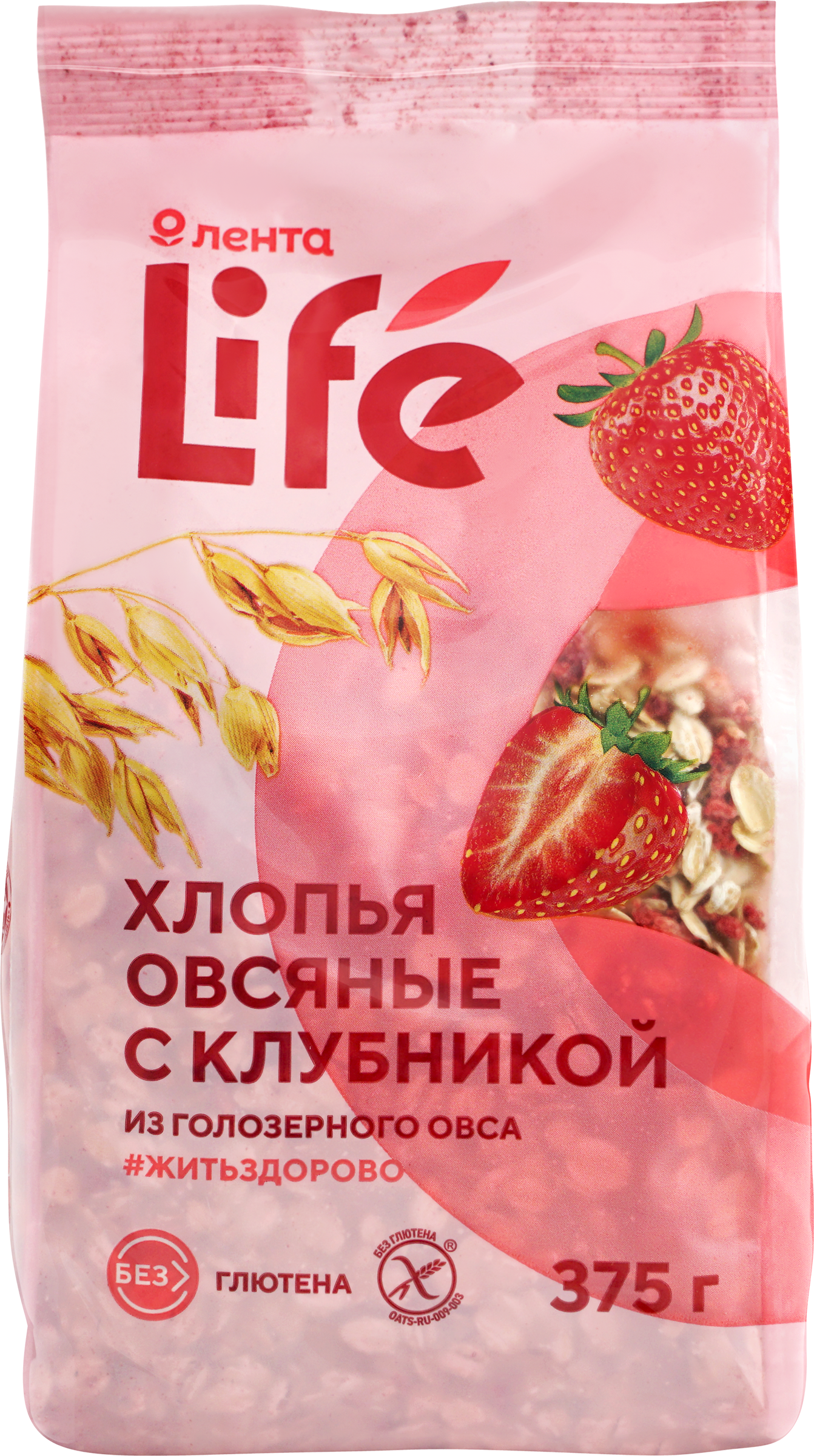 Изображение товара Хлопья овсяные безглютеновые ЛЕНТА LIFE с клубникой, 375г
