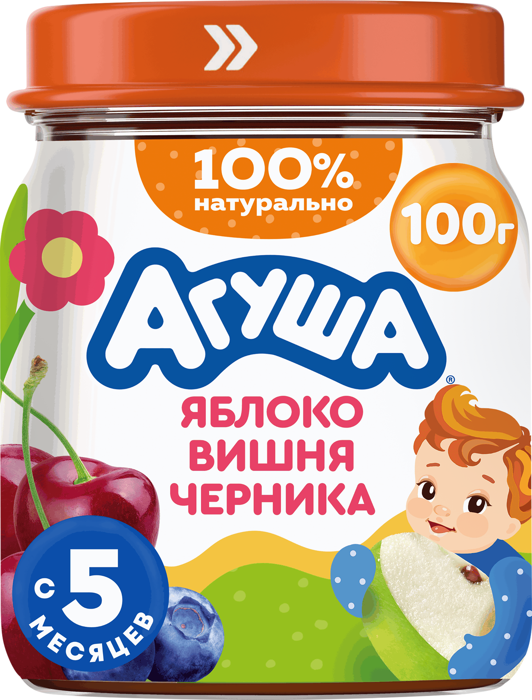 Изображение товара Детское фруктово-ягодное пюре АГУША Яблоко, вишня и черника 100г для малышей с 5 месяцев Изображение товара Детское фруктово-ягодное пюре АГУША Яблоко, вишня и черника 100г для малышей с 5 месяцев