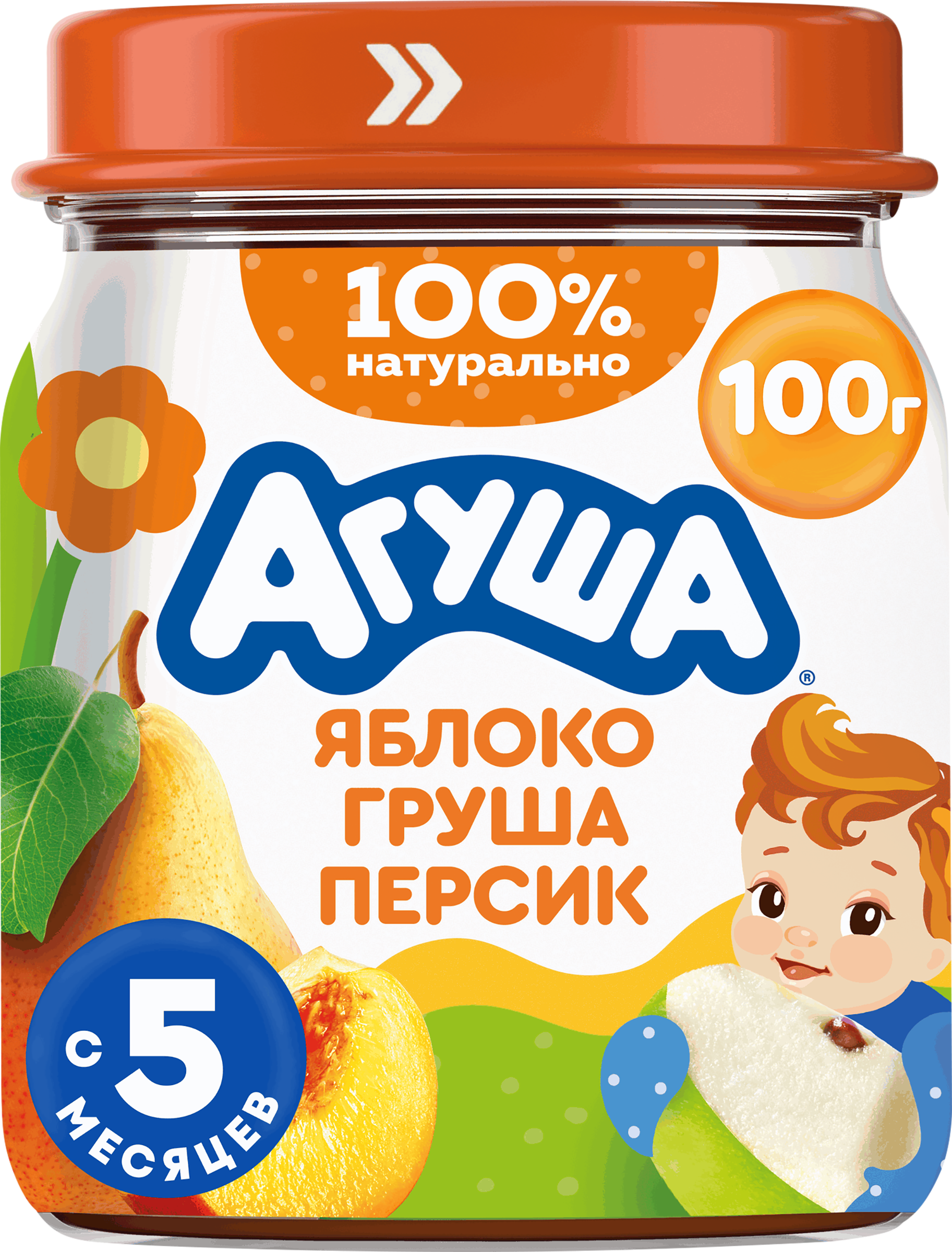 Изображение товара Детское фруктовое пюре АГУША Яблоко-груша-персик 100 г натуральное питание с 5 месяцев Изображение товара Детское фруктовое пюре АГУША Яблоко-груша-персик 100 г натуральное питание с 5 месяцев